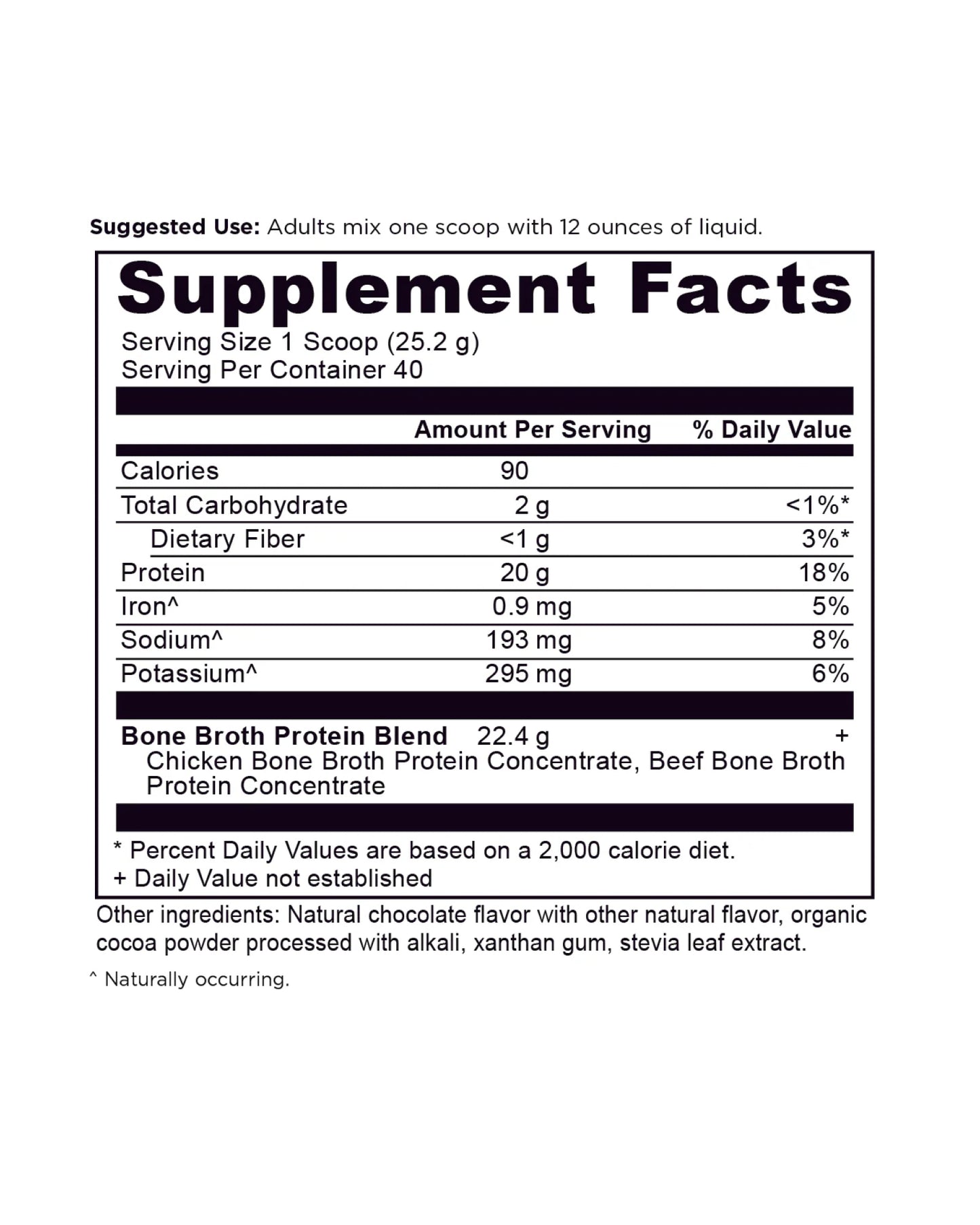 The nutrition panel of Ancient Nutrition Chocolate Bone Broth Protein Powder