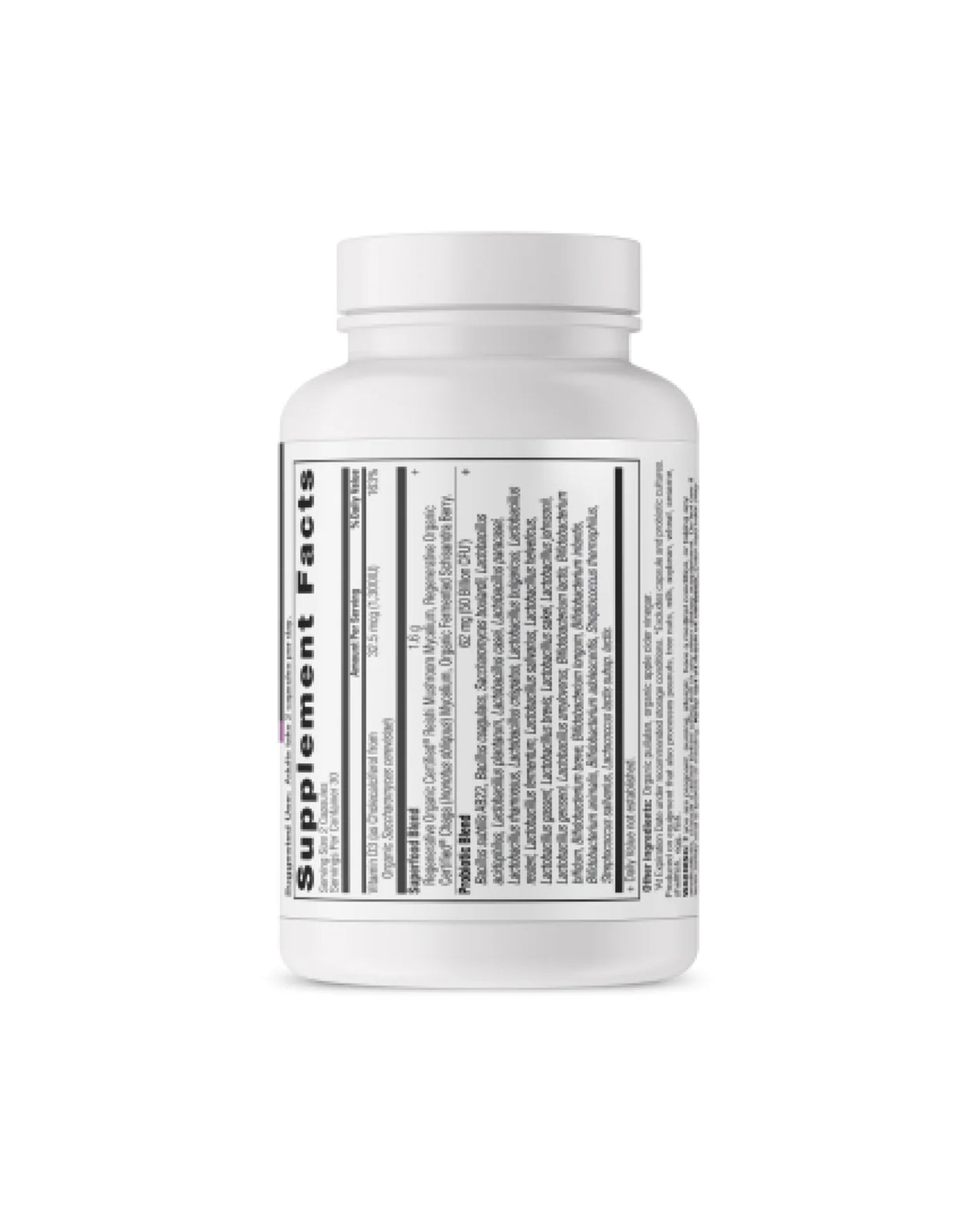 The back of Ancient Nutrition Regenerative Organic Certified™ Women's Extra Strength Probiotics Capsules