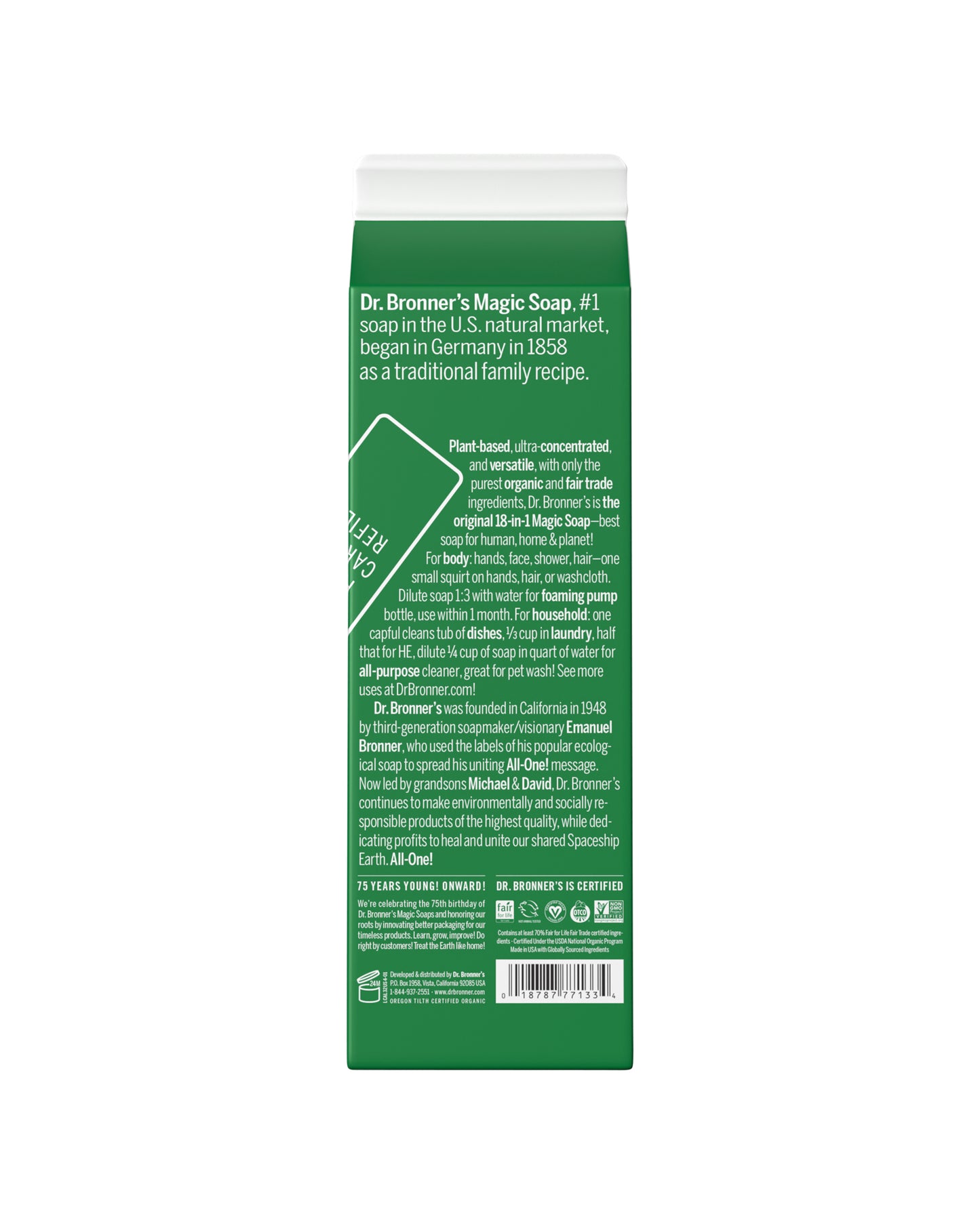 The back of Dr. Bronner's Almond Pure-Castile Liquid Soap Refill Carton