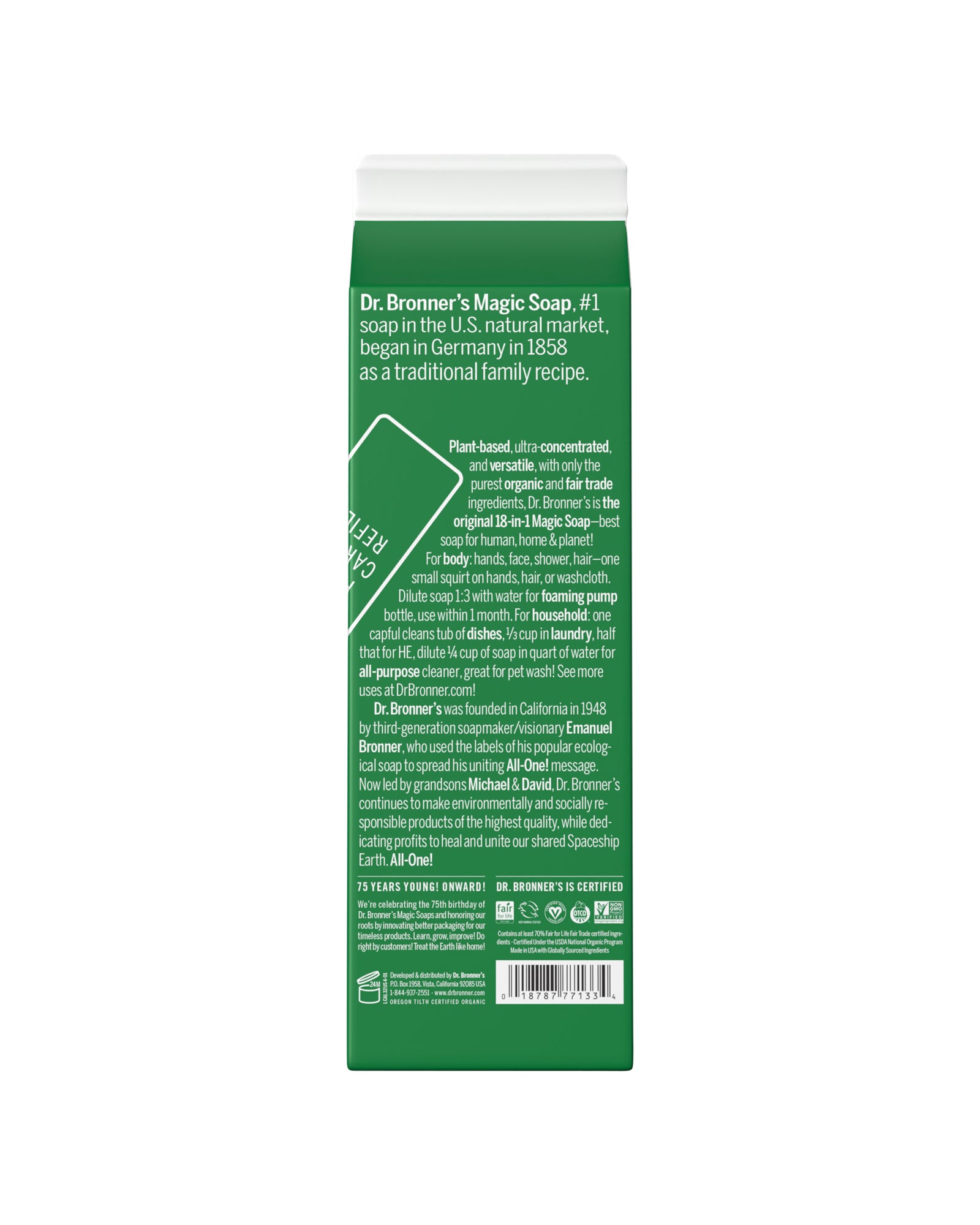 The back of Dr. Bronner's Almond Pure-Castile Liquid Soap Refill Carton