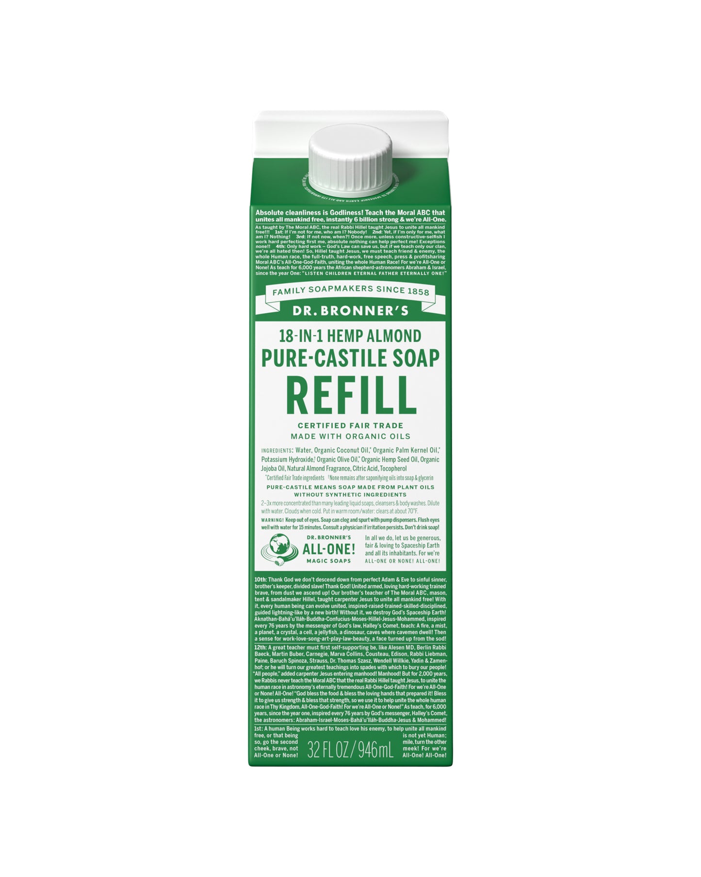 The front of Dr. Bronner's Almond Pure-Castile Liquid Soap Refill Carton