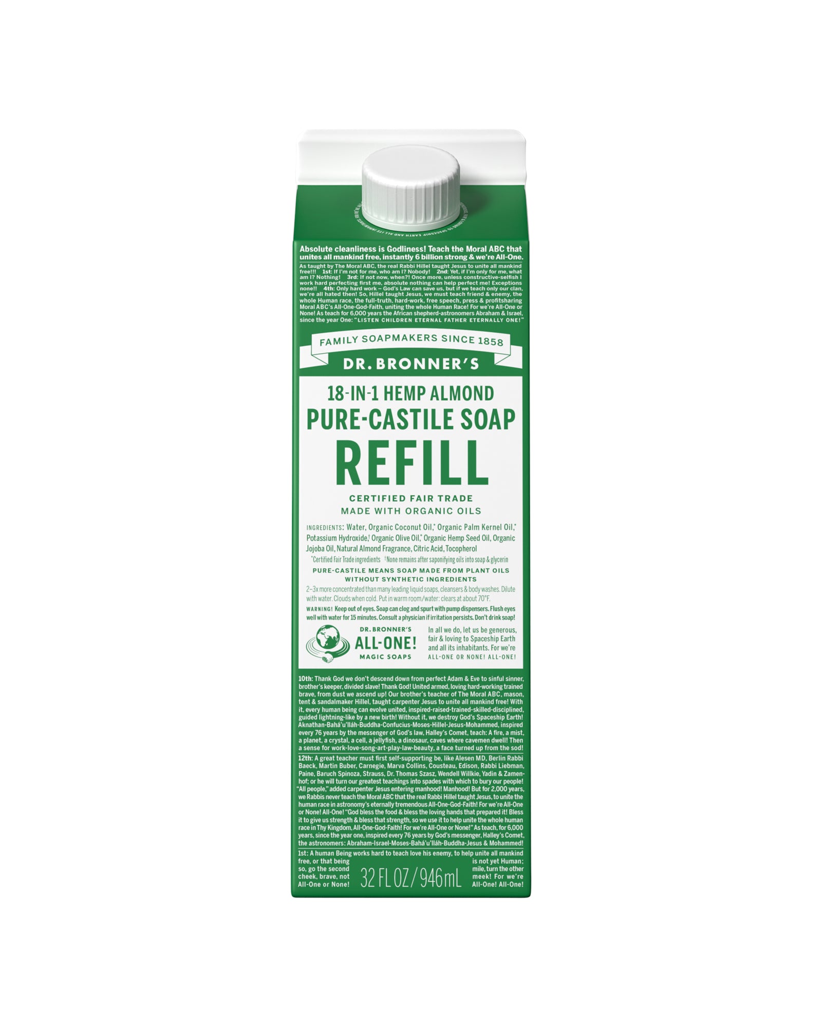 The front of Dr. Bronner's Almond Pure-Castile Liquid Soap Refill Carton