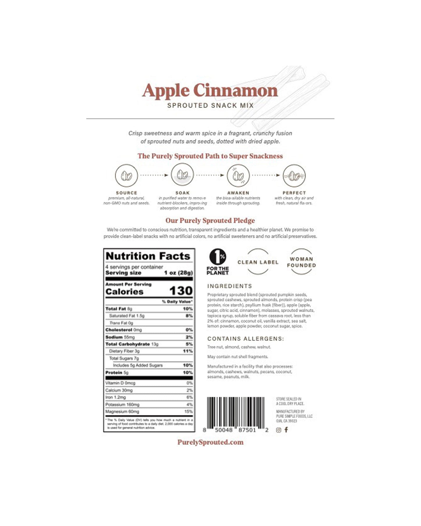 The back of Purely Sprouted Apple Cinnamon Sprouted Nut and Seed Snack Mix