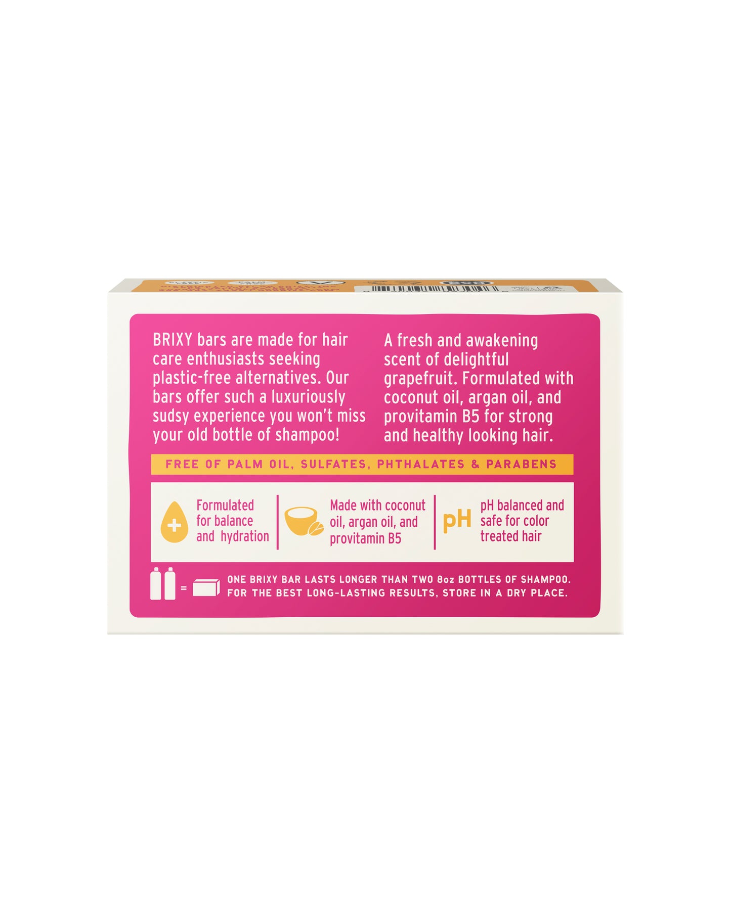 The back of BRIXY Balancing Shampoo Bar