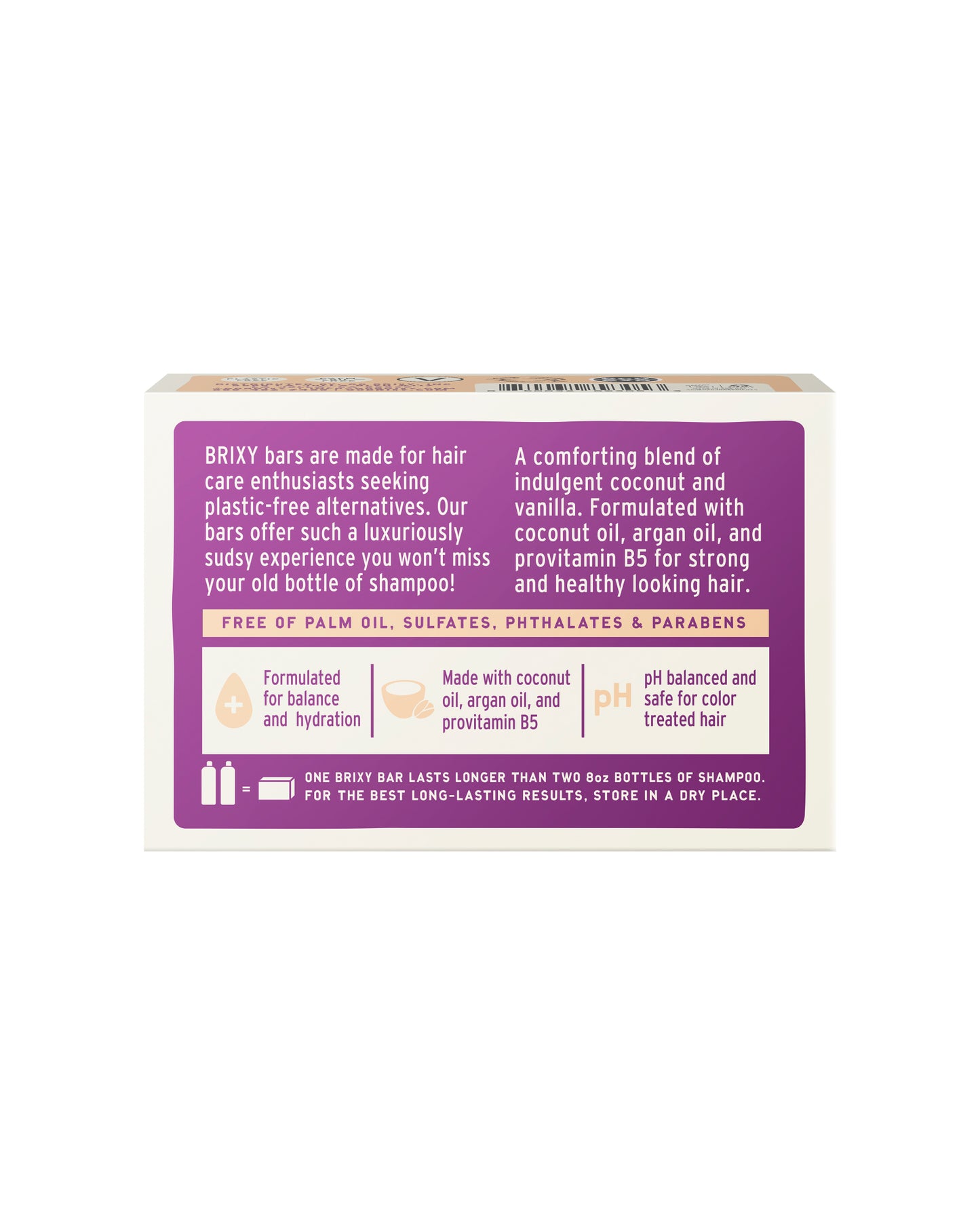 The back of BRIXY Balancing Shampoo Bar