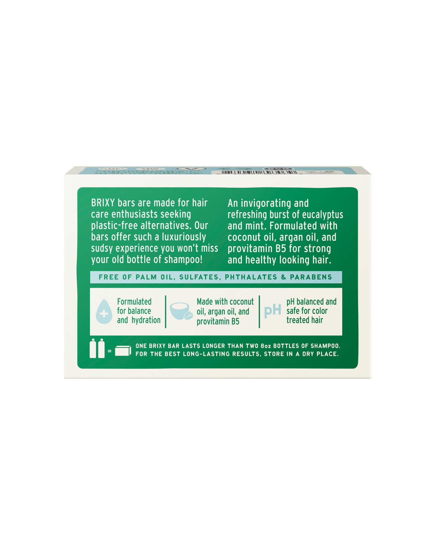 The back of BRIXY Balancing Shampoo Bar