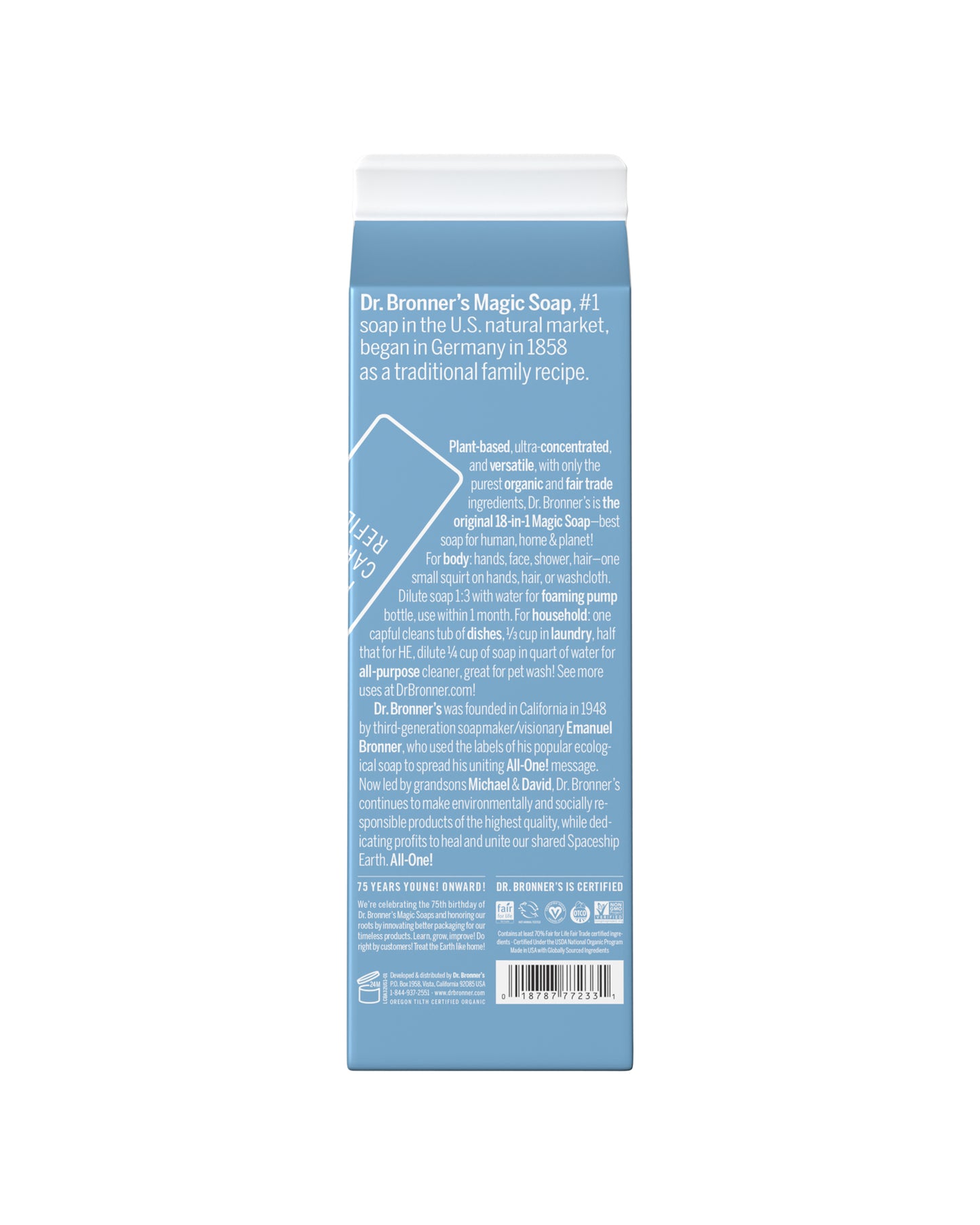 The back of Dr. Bronner's Unscented Pure-Castile Liquid Soap Refill Carton