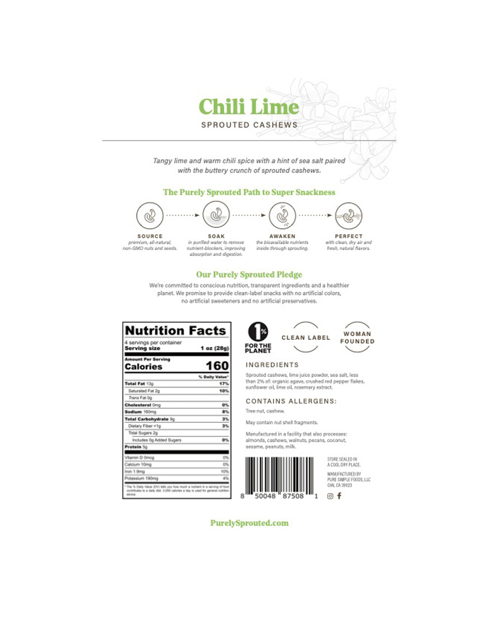 The back of Purely Sprouted Chili Lime & Sea Salt Sprouted Cashews