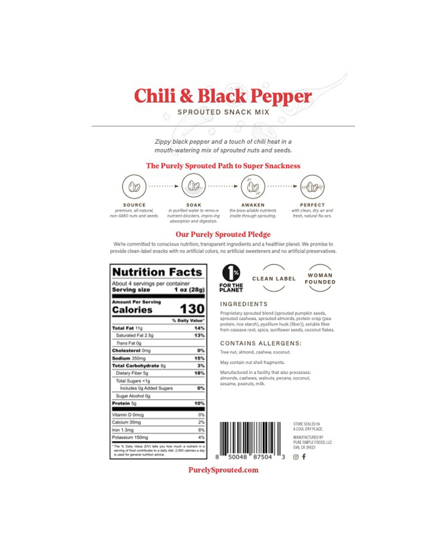 The front of Purely Sprouted Chili & Black Pepper Sprouted Nut and Seed Snack Mix