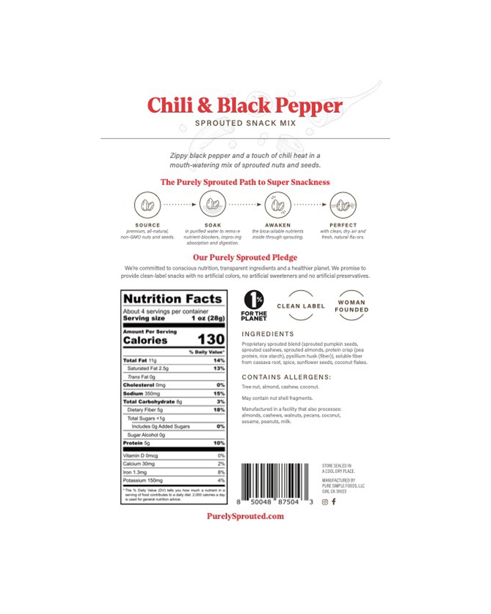 The front of Purely Sprouted Chili & Black Pepper Sprouted Nut and Seed Snack Mix