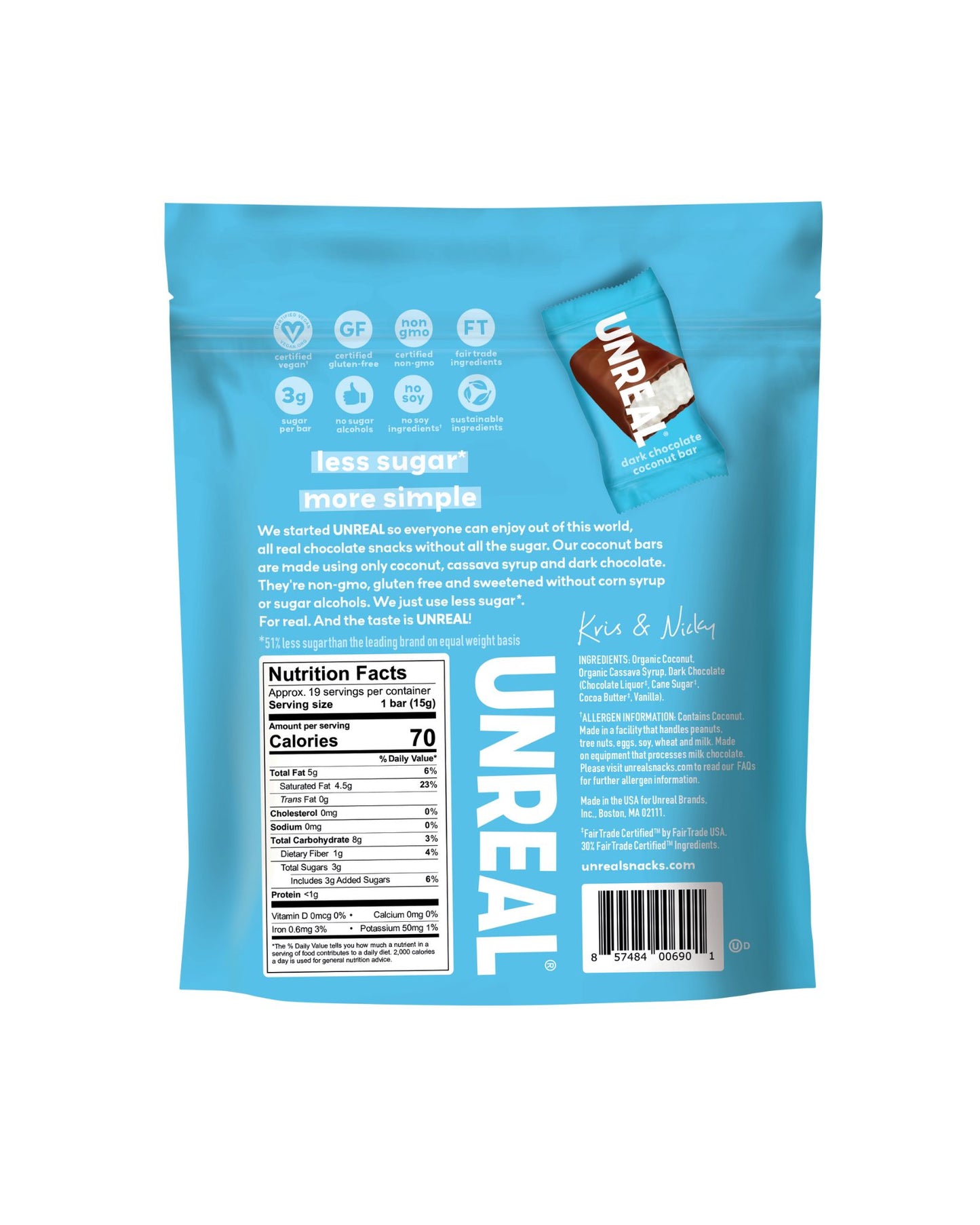 The back of UNREAL Dark Chocolate Coconut Bars