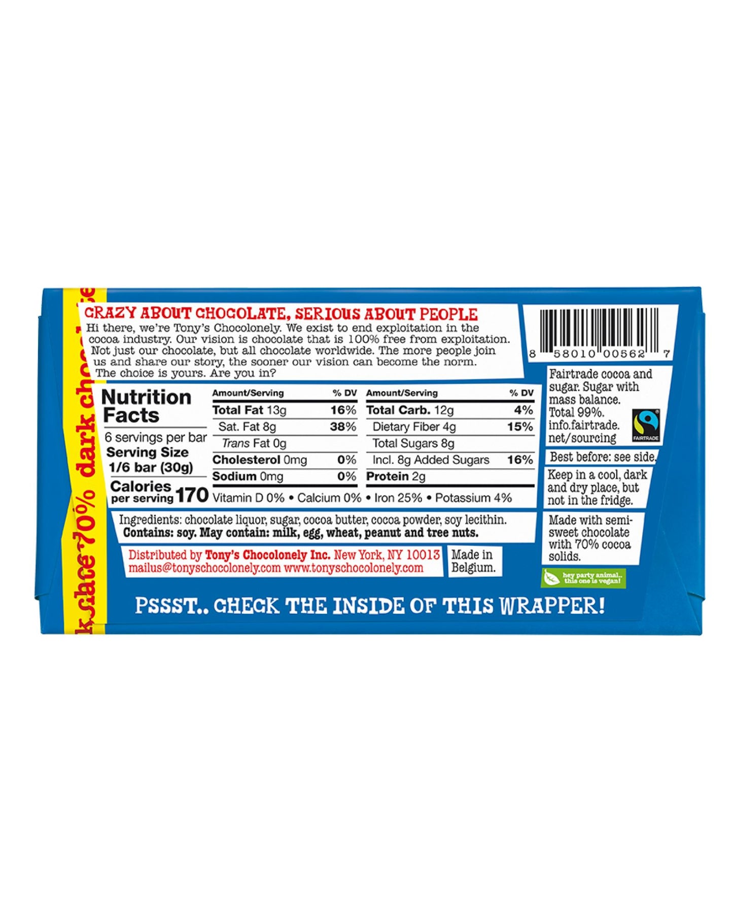 The back of Tony's Chocolonely Dark Chocolate