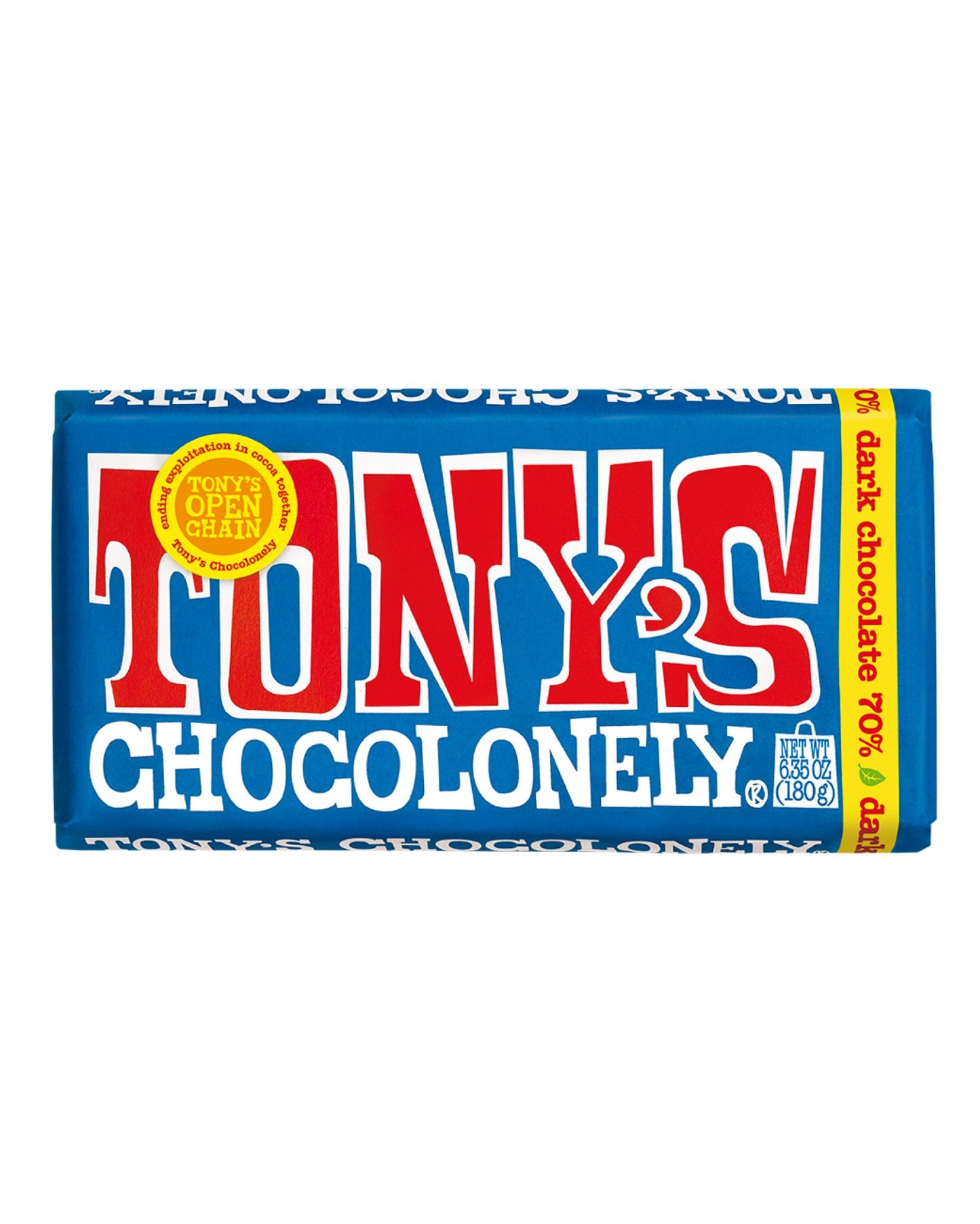 The front of Tony's Chocolonely Dark Chocolate