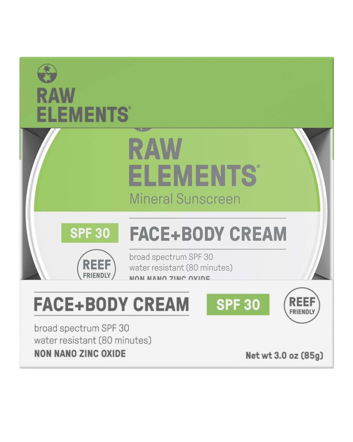The front of Raw Elements Face and Body Sunscreen SPF 30