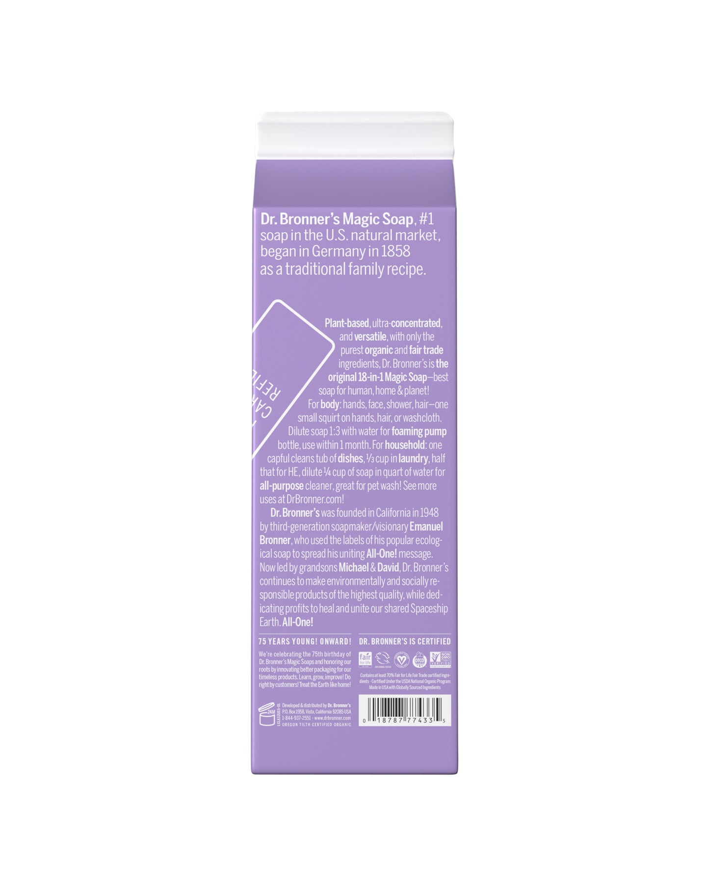 The back of Dr. Bronner's Lavender Pure-Castile Liquid Soap Refill Carton