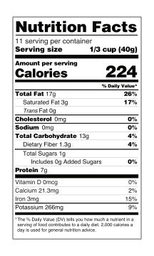The nutrition panel of Mavuno Harvest Organic Roasted Cashews
