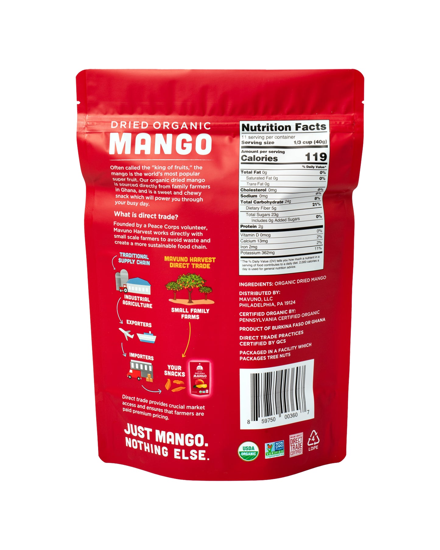 The back of Mavuno Harvest Organic Dried Mango