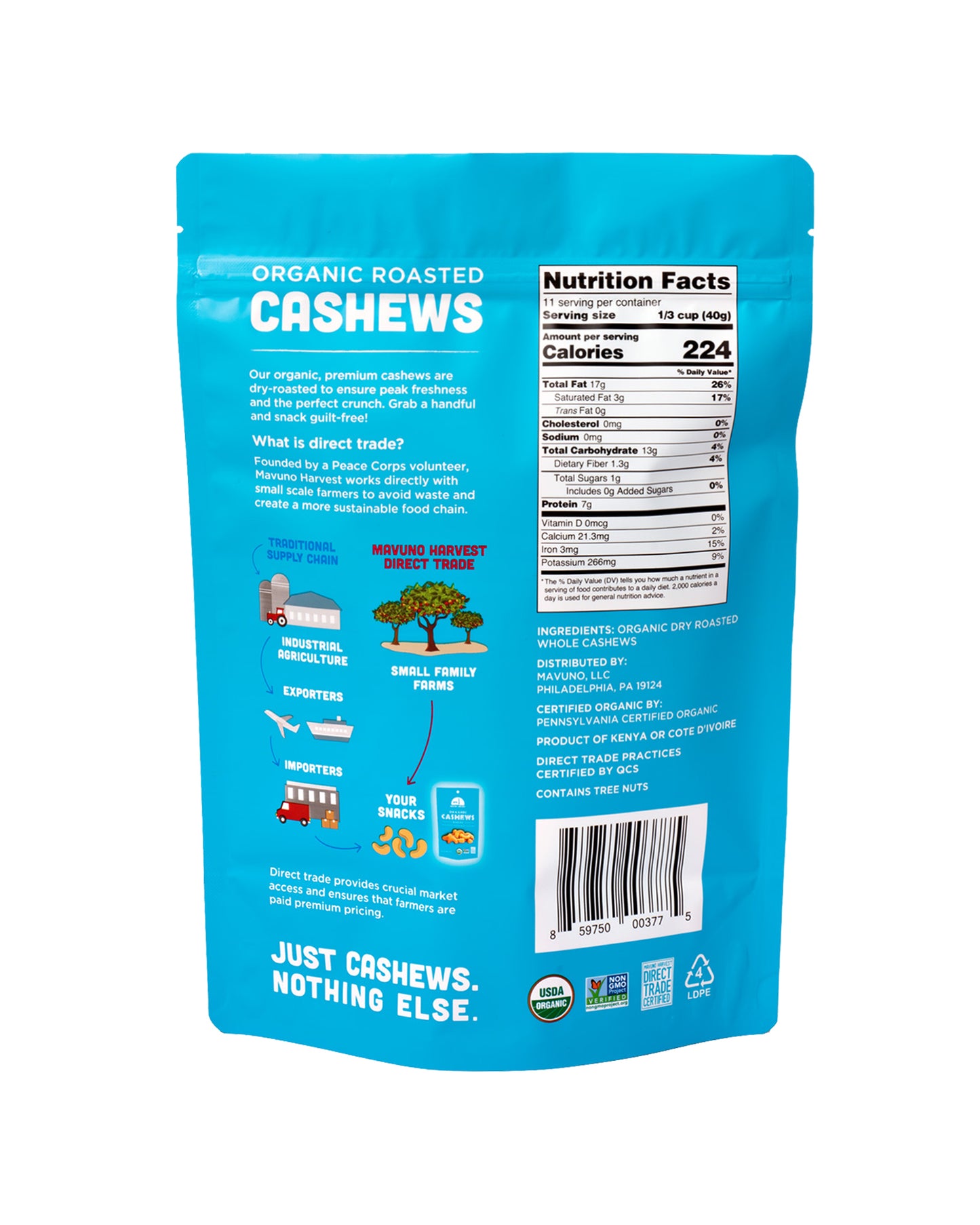 The back of Mavuno Harvest Organic Roasted Cashews