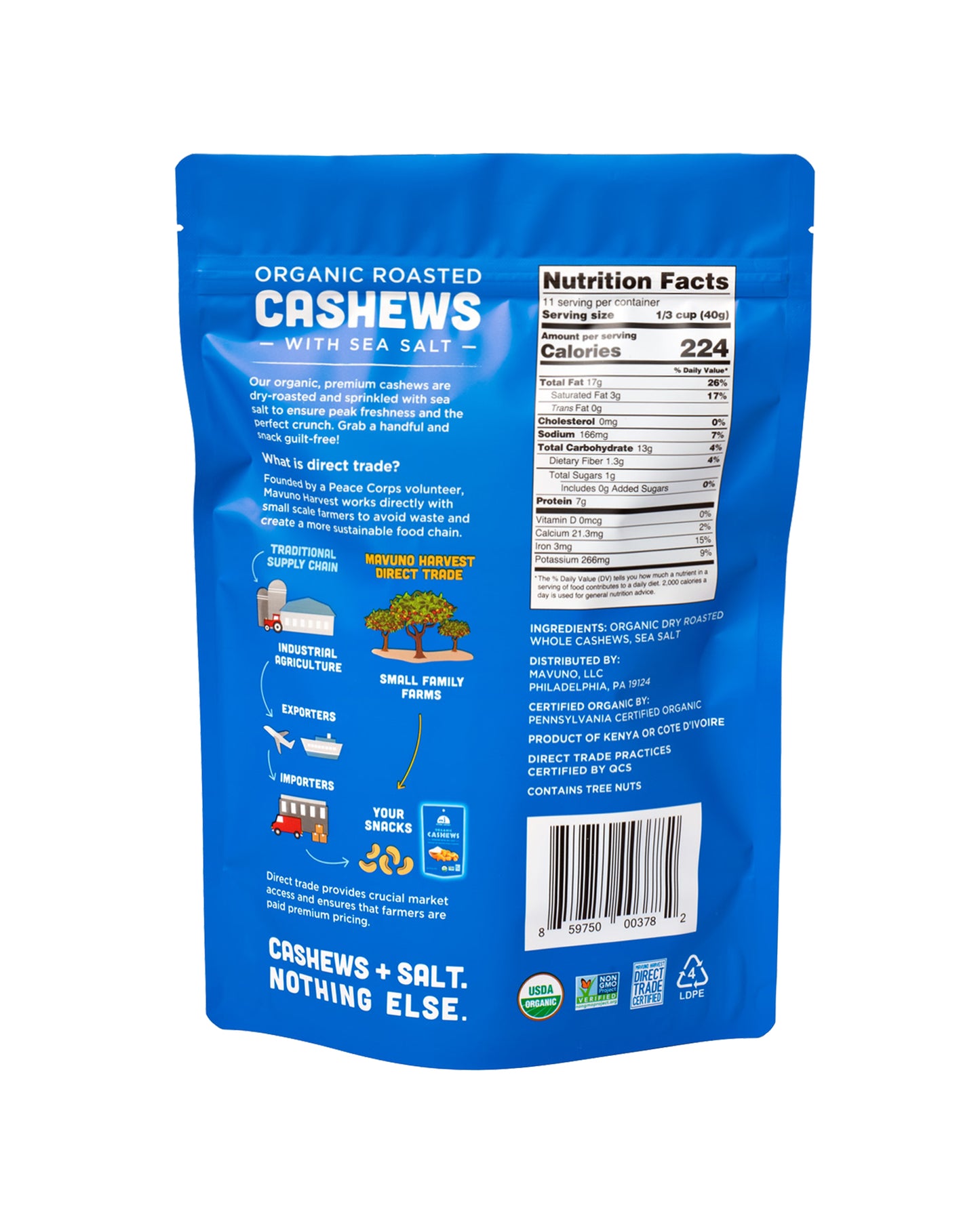 The back of Mavuno Harvest Organic Roasted Cashews