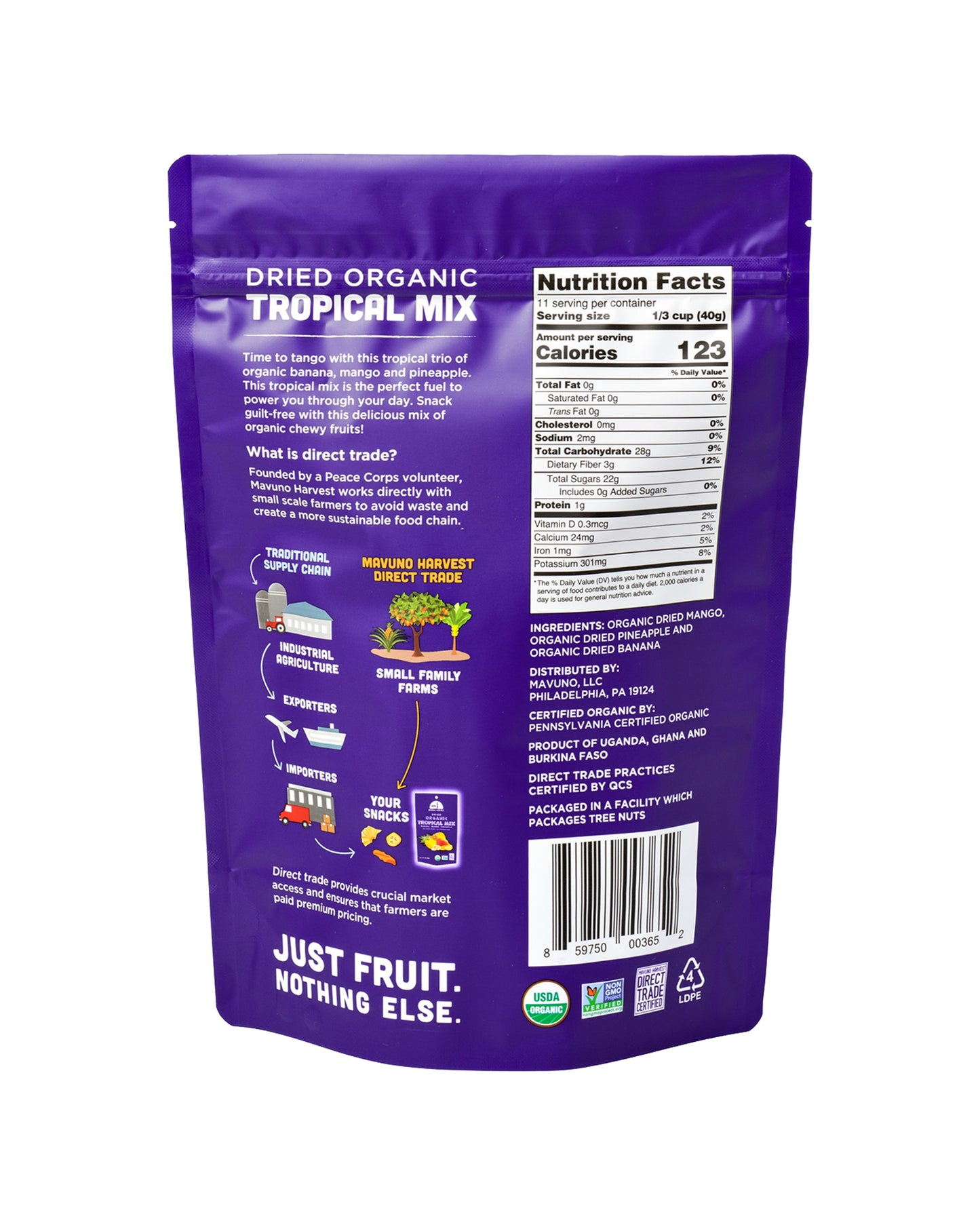 The back of Mavuno Harvest Organic Dried Tropical Mix
