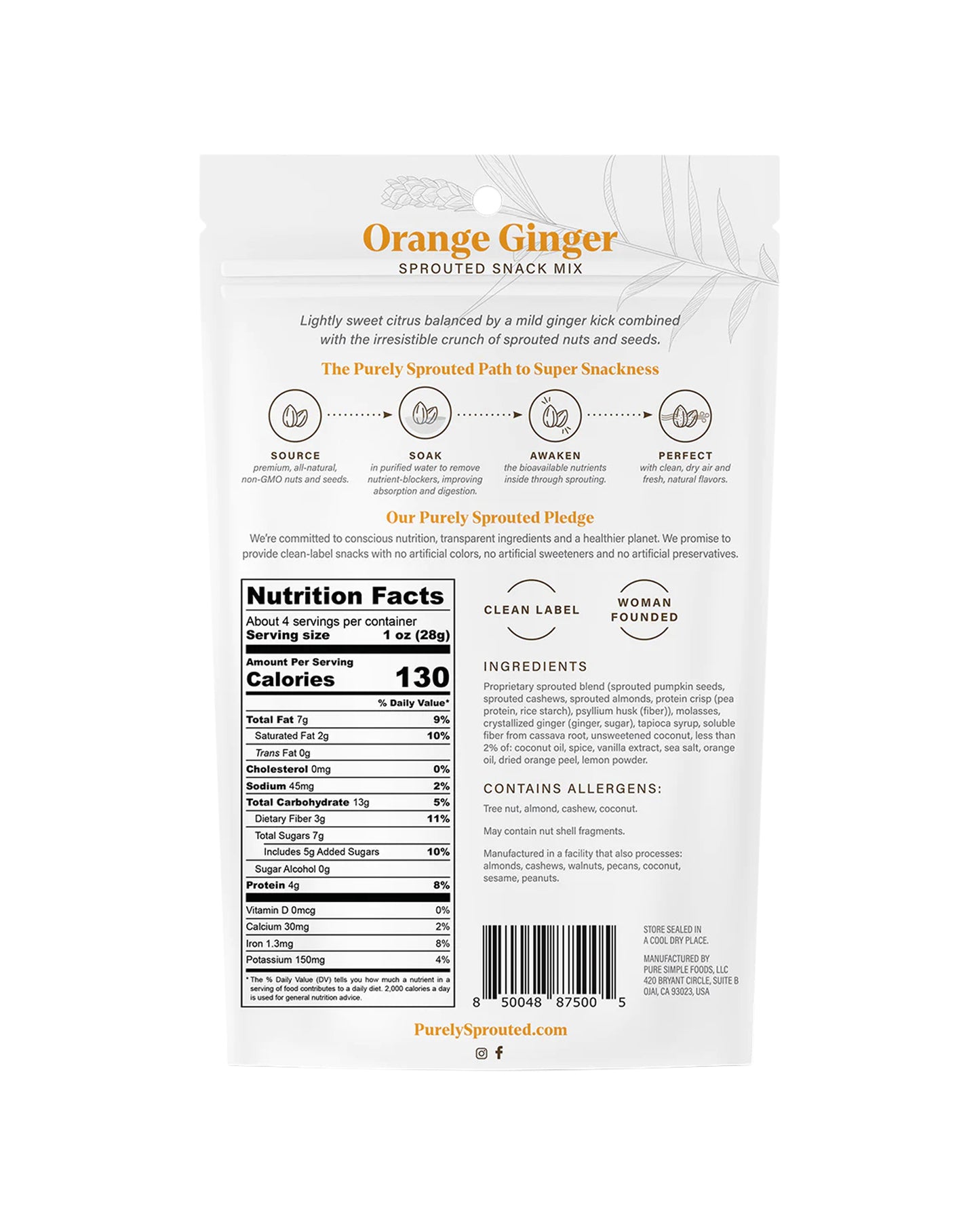 The back of Purely Sprouted Orange Ginger Sprouted Nut and Seed Snack Mix