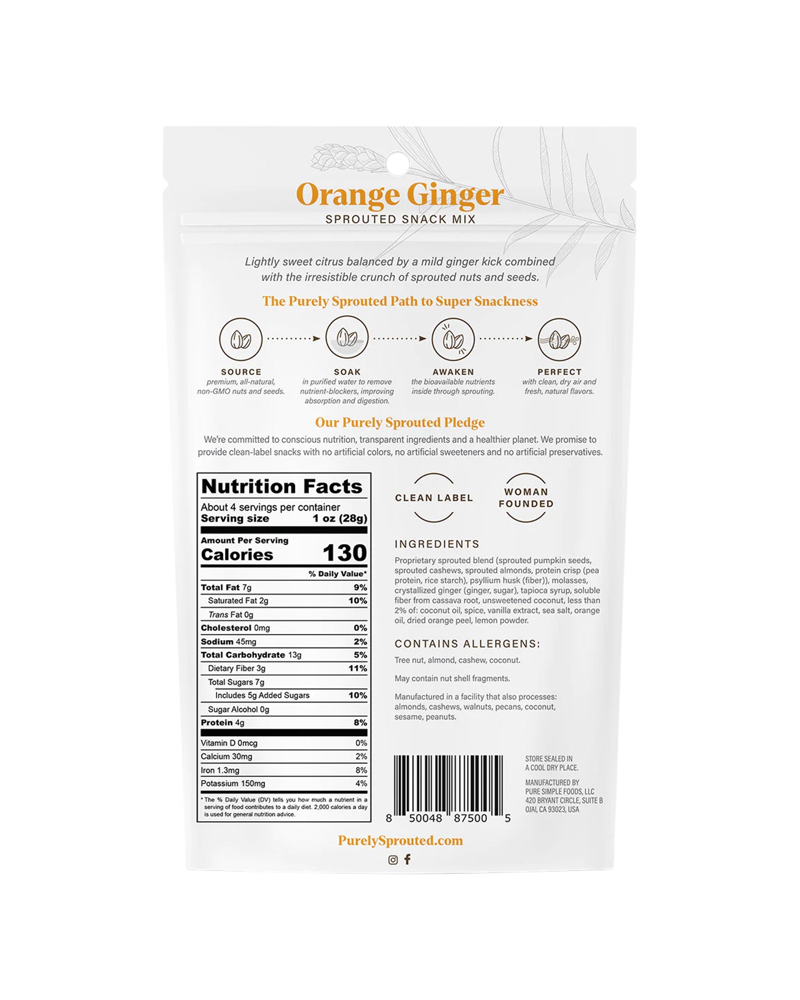 The back of Purely Sprouted Orange Ginger Sprouted Nut and Seed Snack Mix