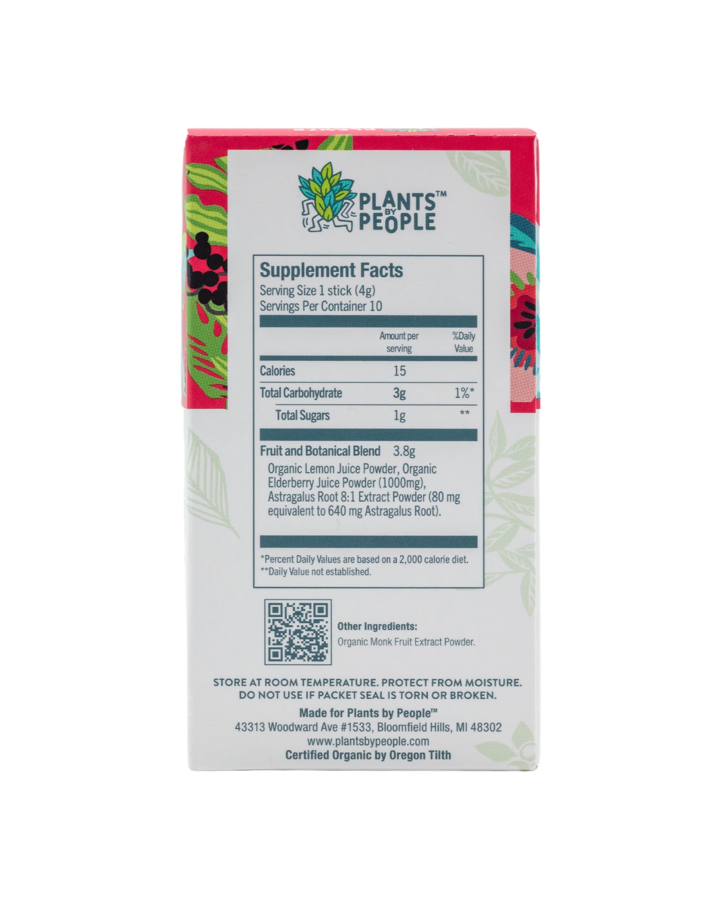 The nutrition panel of Plants By People Immunity Drink Blend with Elderberry