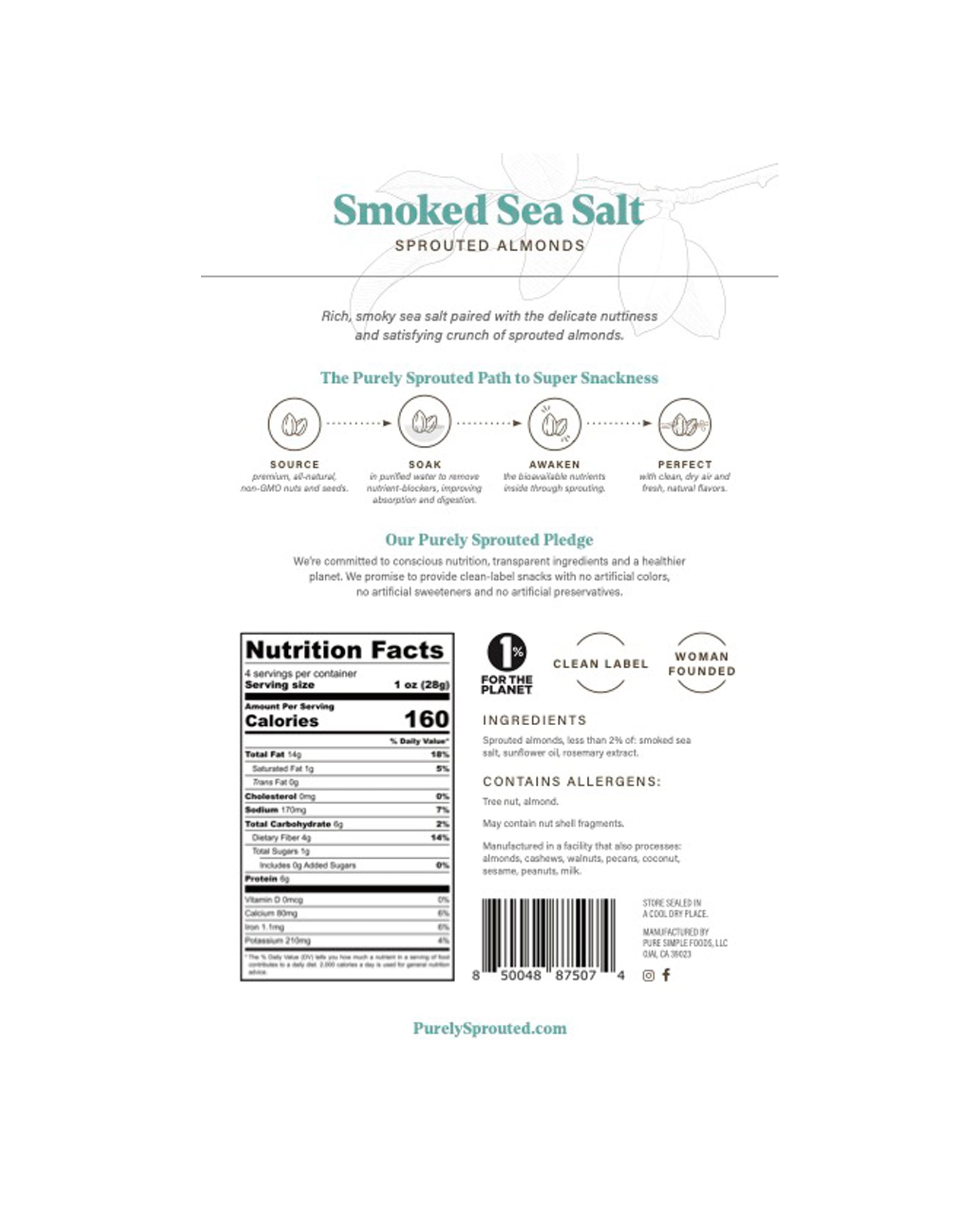 The back of Purely Sprouted Smoked Sea Salt Sprouted Almonds