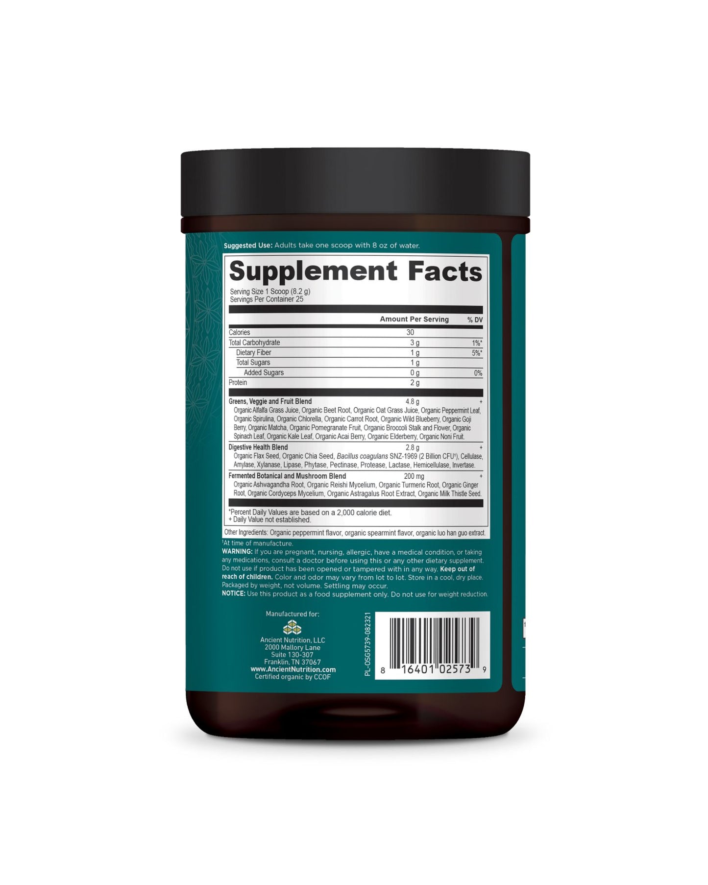 The nutrition panel of Ancient Nutrition Organic Super Greens Powder