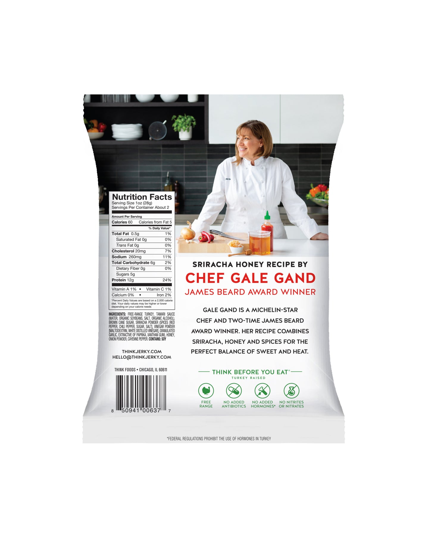 The back of Think Jerky Sriracha Honey Free-Range Turkey Jerky