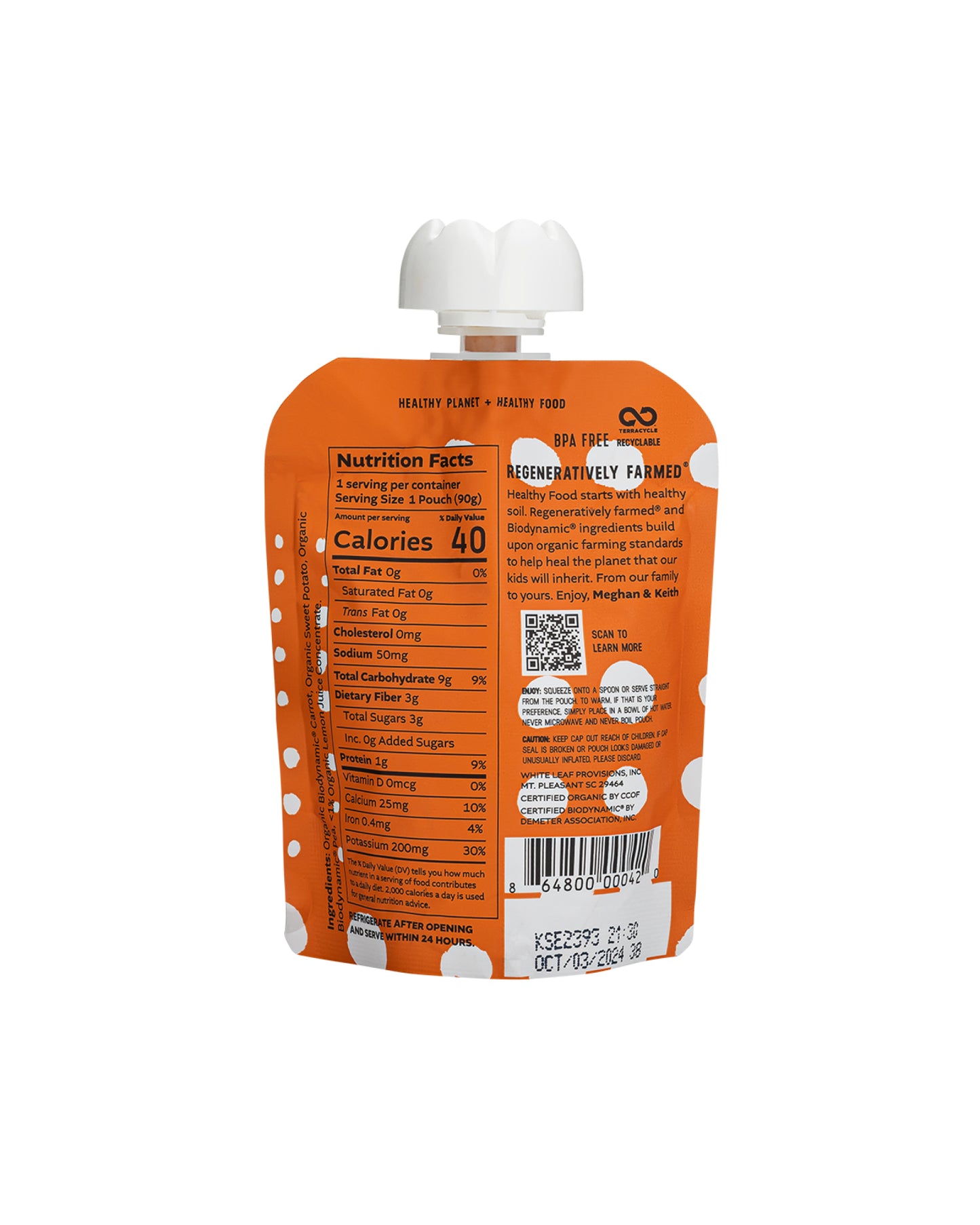 The back of White Leaf Provisions Carrot + Sweet Potato + Pea Organic, Biodynamic® Baby Food - Box of 6