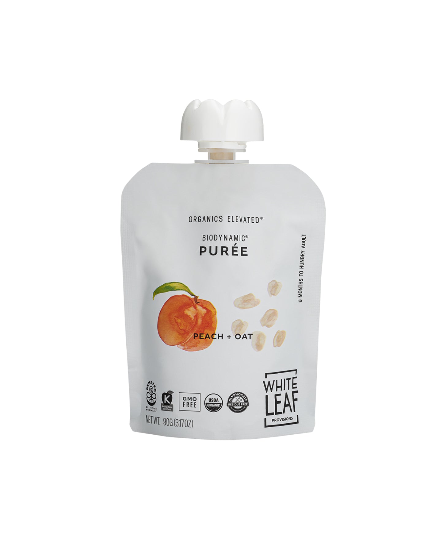 The front of White Leaf Provisions Peach + Oat Organic, Biodynamic® Baby Food - Box of 6