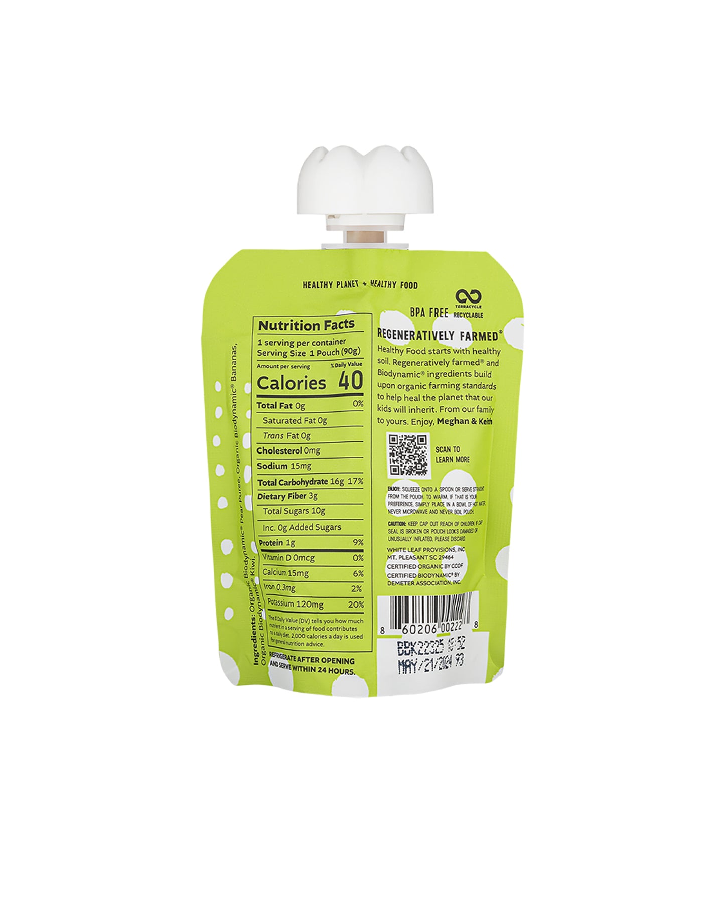 The back of White Leaf Provisions Pear + Banana + Kiwi Organic, Biodynamic® Baby Food - Box of 6