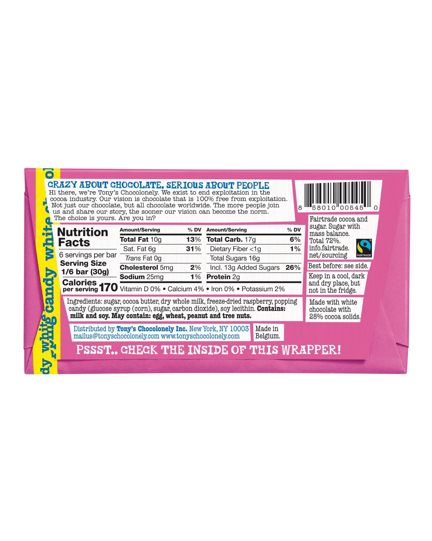 The back of Tony's Chocolonely White Raspberry Popping Candy