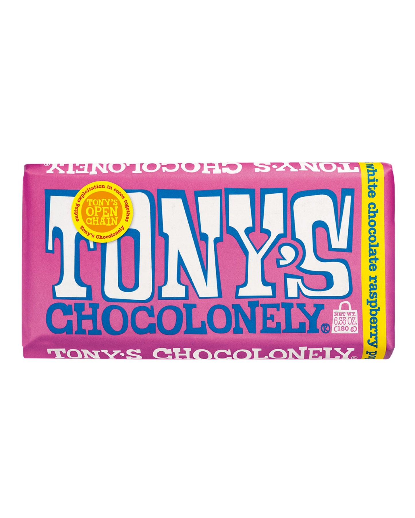 The front of Tony's Chocolonely White Raspberry Popping Candy