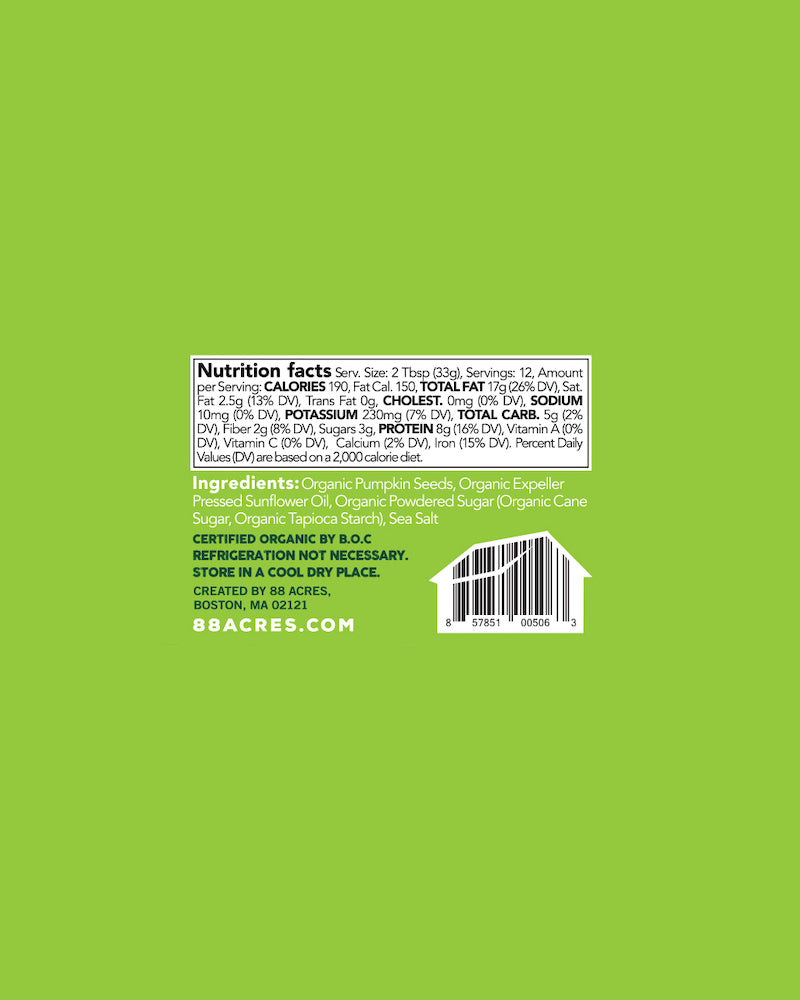The nutrition panel of 88 Acres Pumpkin Seed Butter