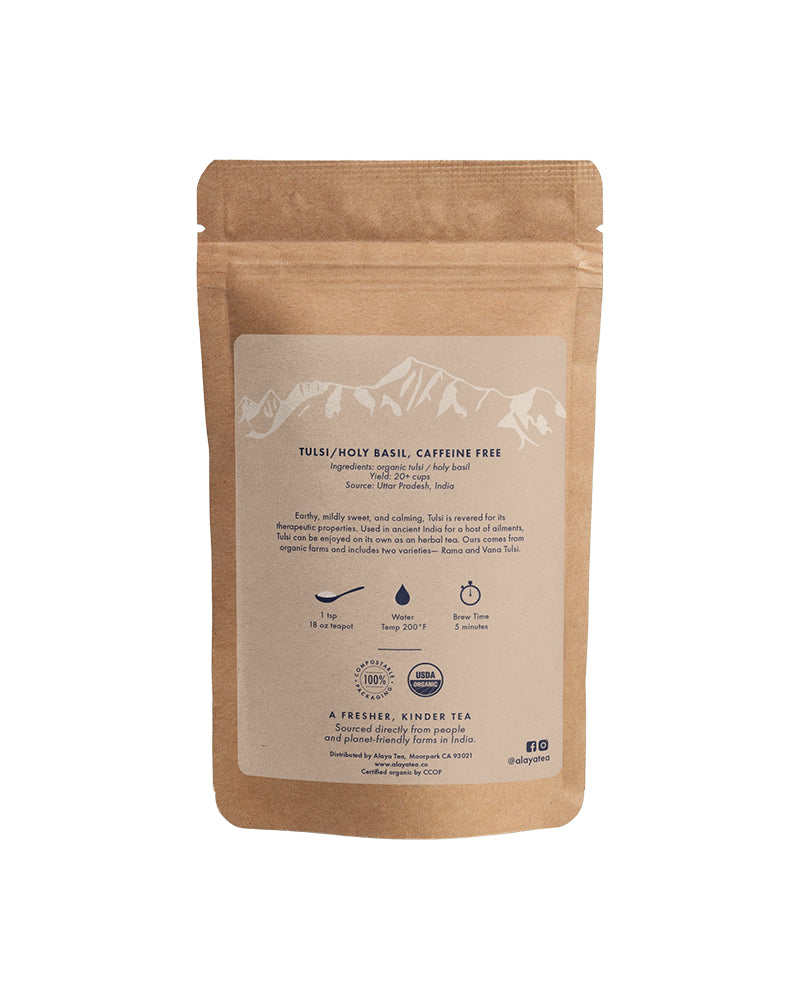 The back of Alaya Tea Loose Leaf Tulsi