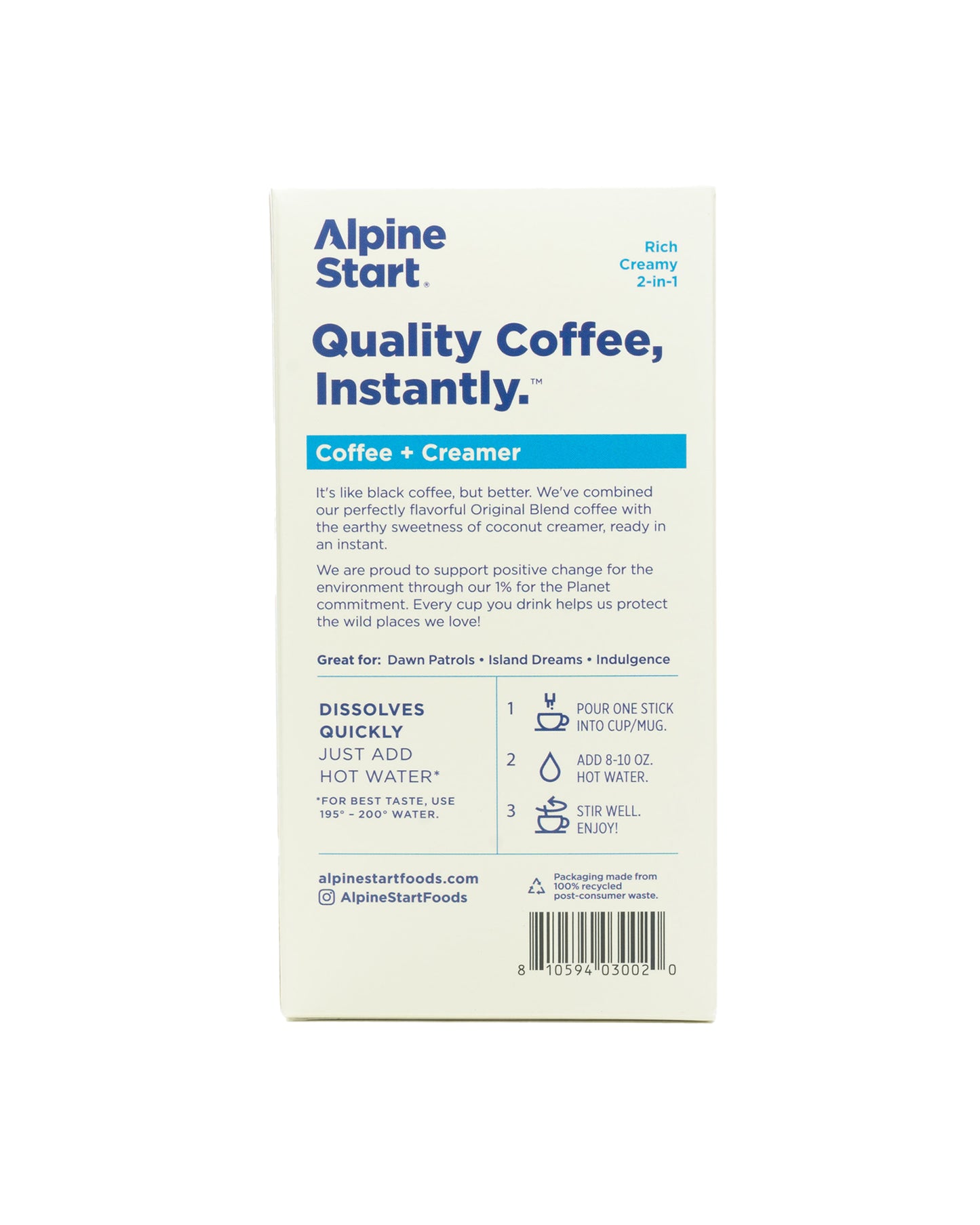 The back of Alpine Start Foods Instant Coffee with Coconut Creamer - Box of 5