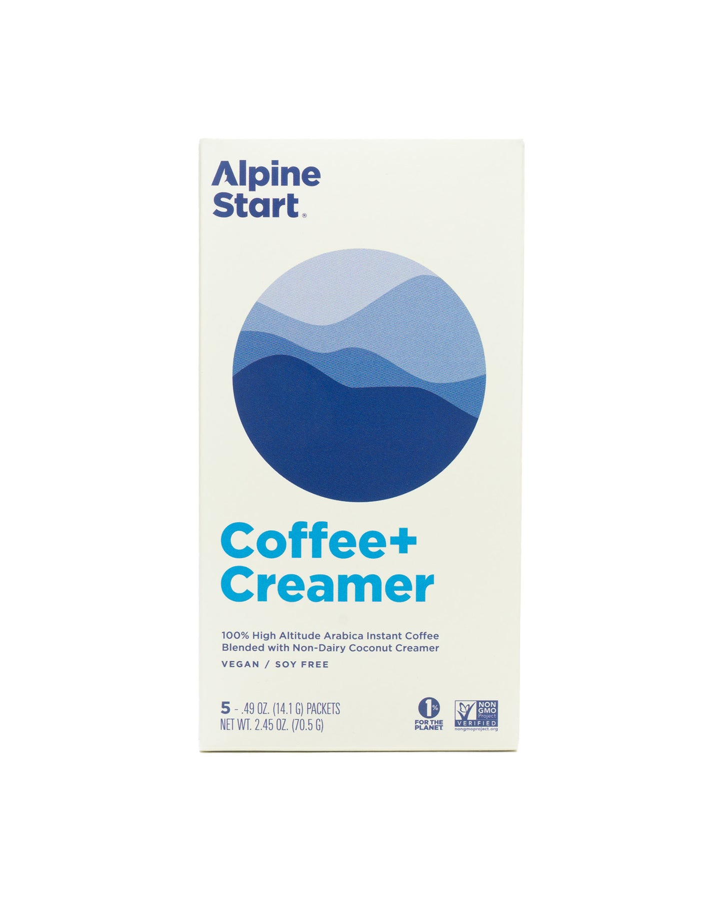 The front of Alpine Start Foods Instant Coffee with Coconut Creamer - Box of 5