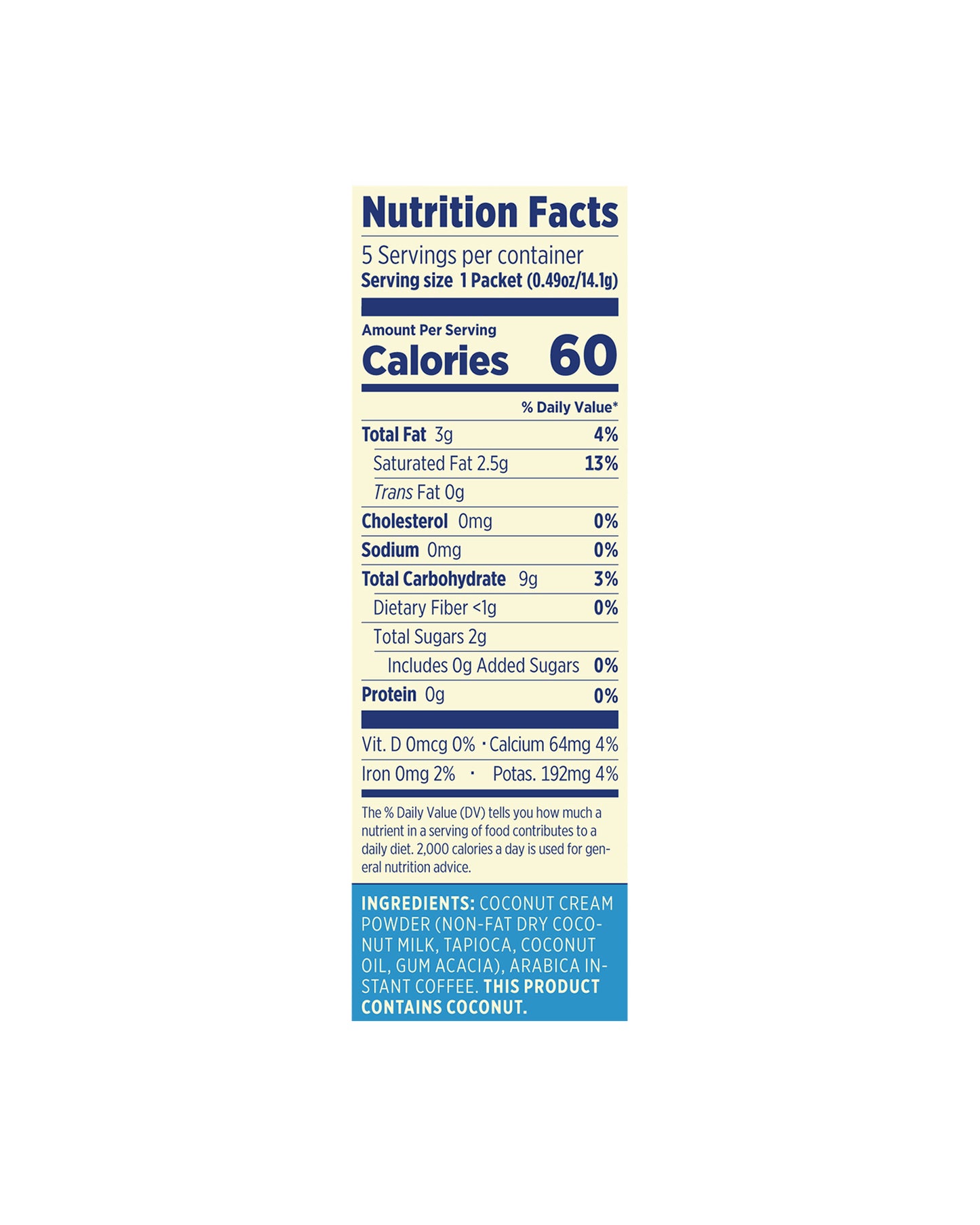 The nutrition panel of Alpine Start Foods Instant Coffee with Coconut Creamer - Box of 5