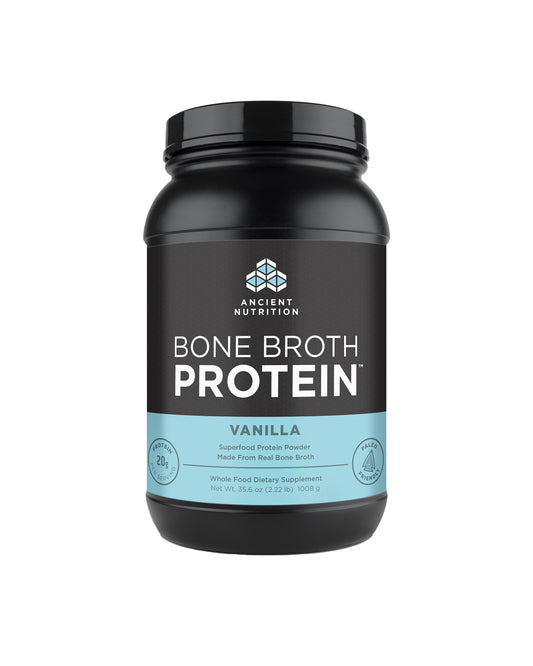 The front of Ancient Nutrition Vanilla Bone Broth Protein Powder