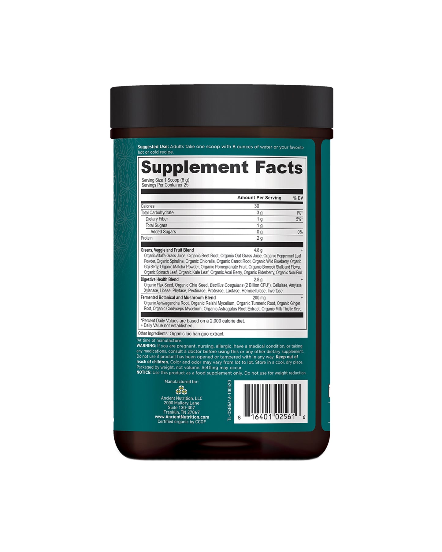 The back of Ancient Nutrition Organic Super Greens Powder