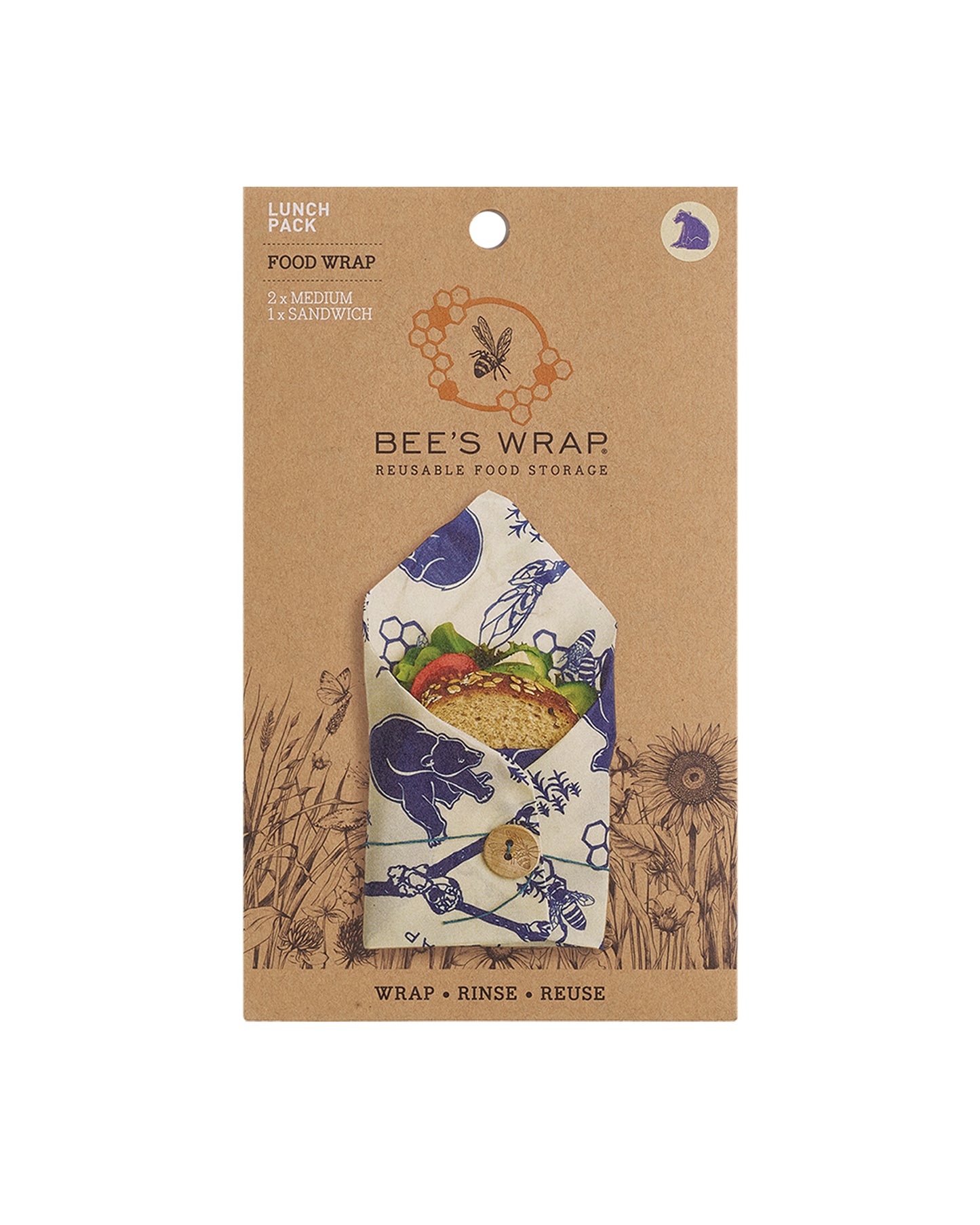The front of Bee's Wrap Reusable Beeswax Food Wraps - The Lunch Pack