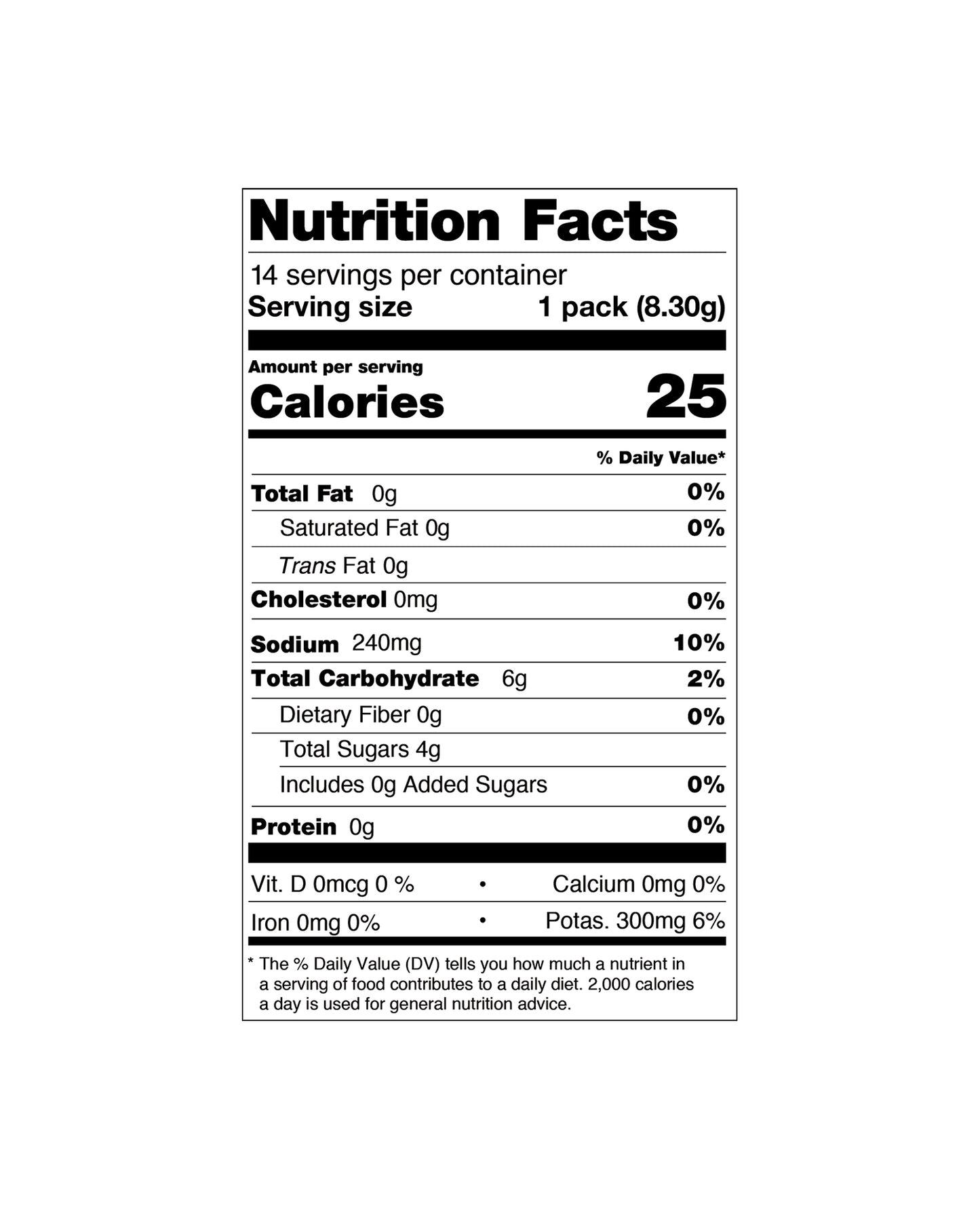 The nutrition panel of Cure Berry Pomegranate Hydration Mix Packets - 14 Count