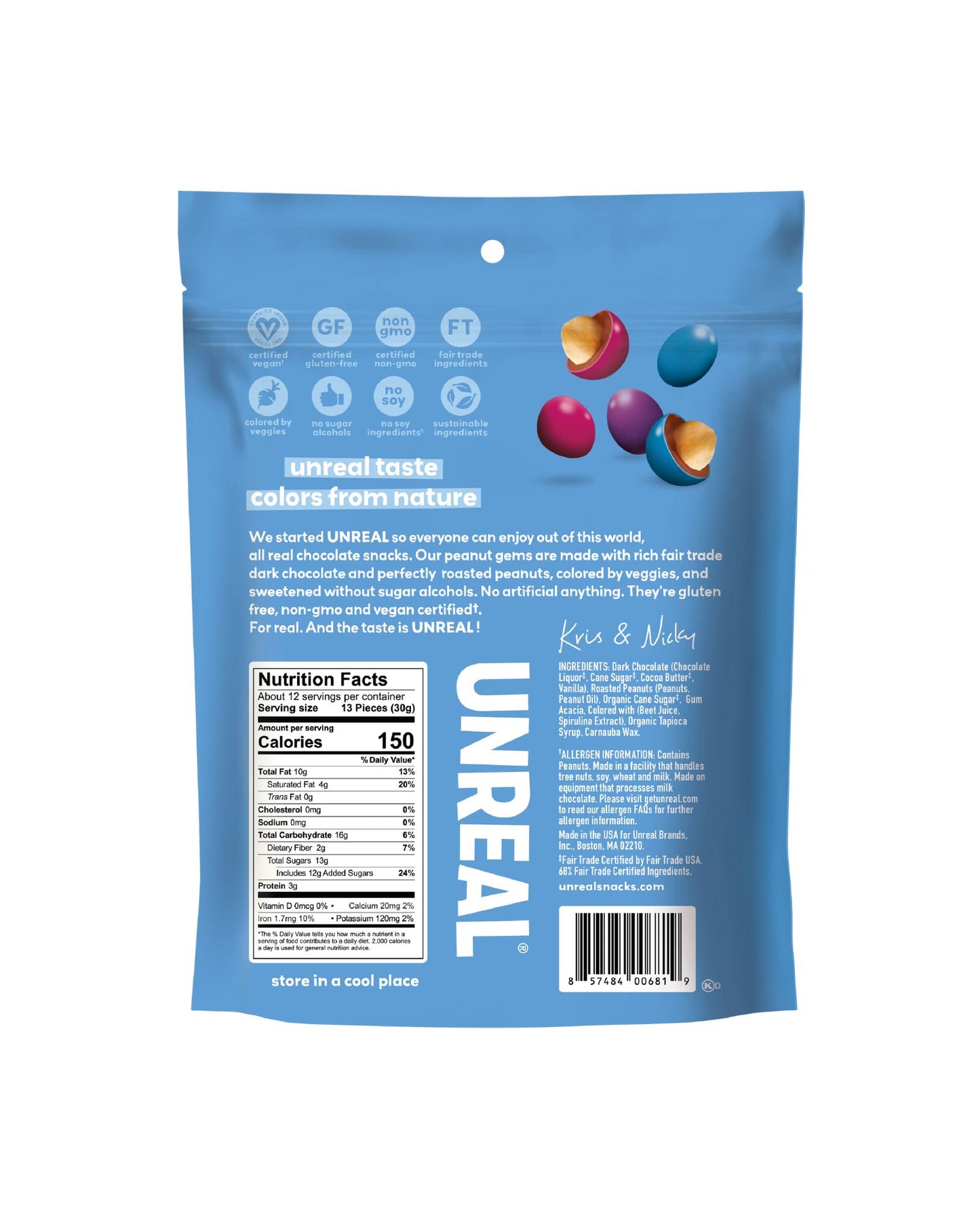 The back of UNREAL Dark Chocolate Peanut Gems