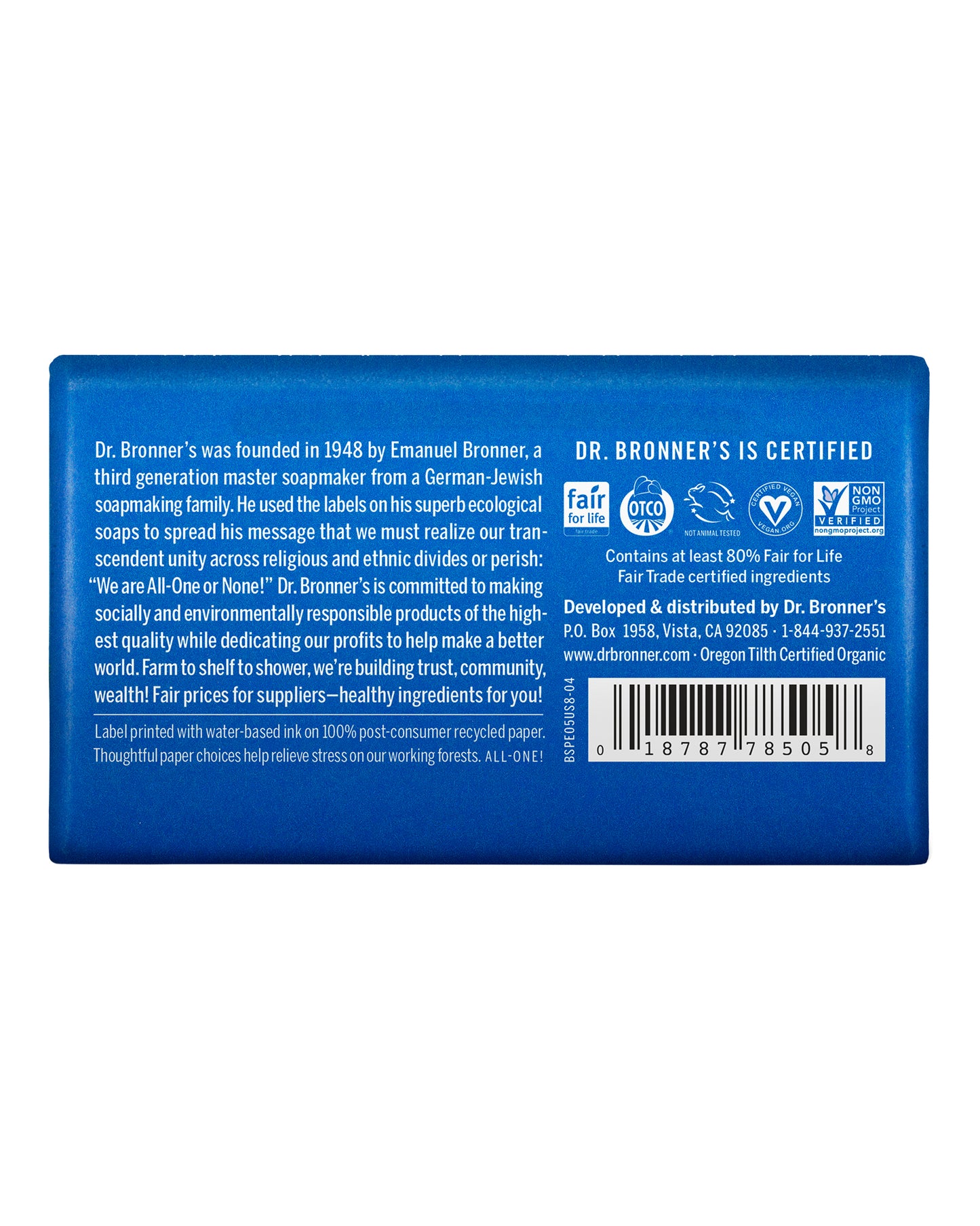 The back of Dr. Bronner's Peppermint Bar Soap