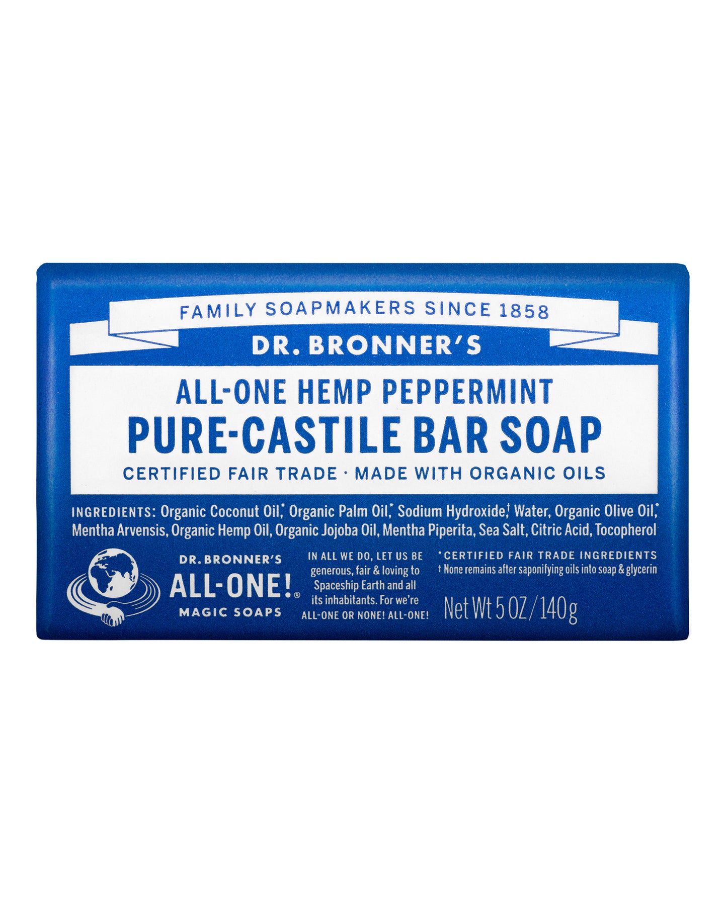 The front of Dr. Bronner's Peppermint Bar Soap