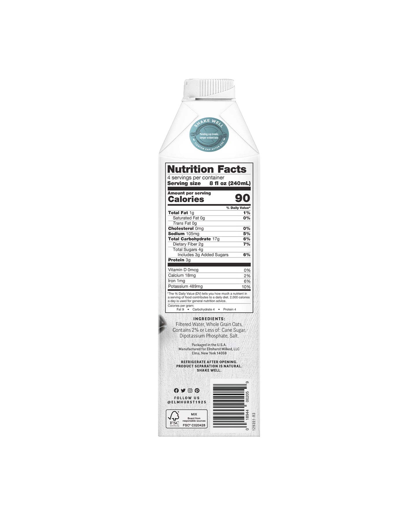 The back of Elmhurst 1925 Oat Milk - Barista Edition