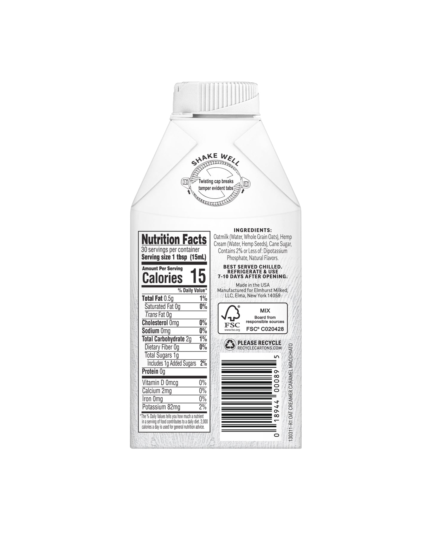 The back of Elmhurst 1925 Caramel Macchiato Oat Creamer