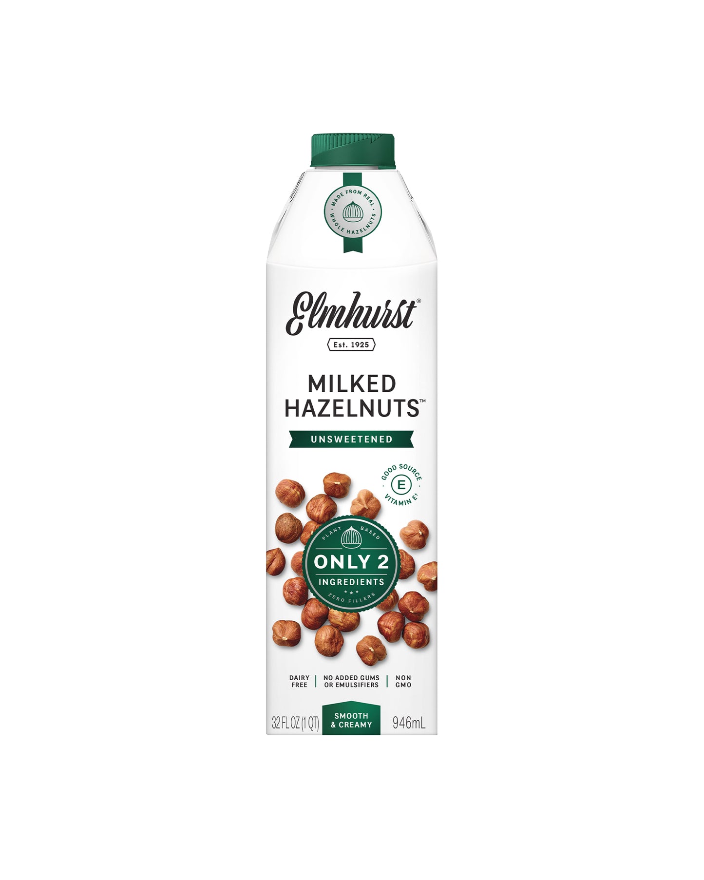 The front of Elmhurst 1925 Unsweetened Milked Hazelnuts